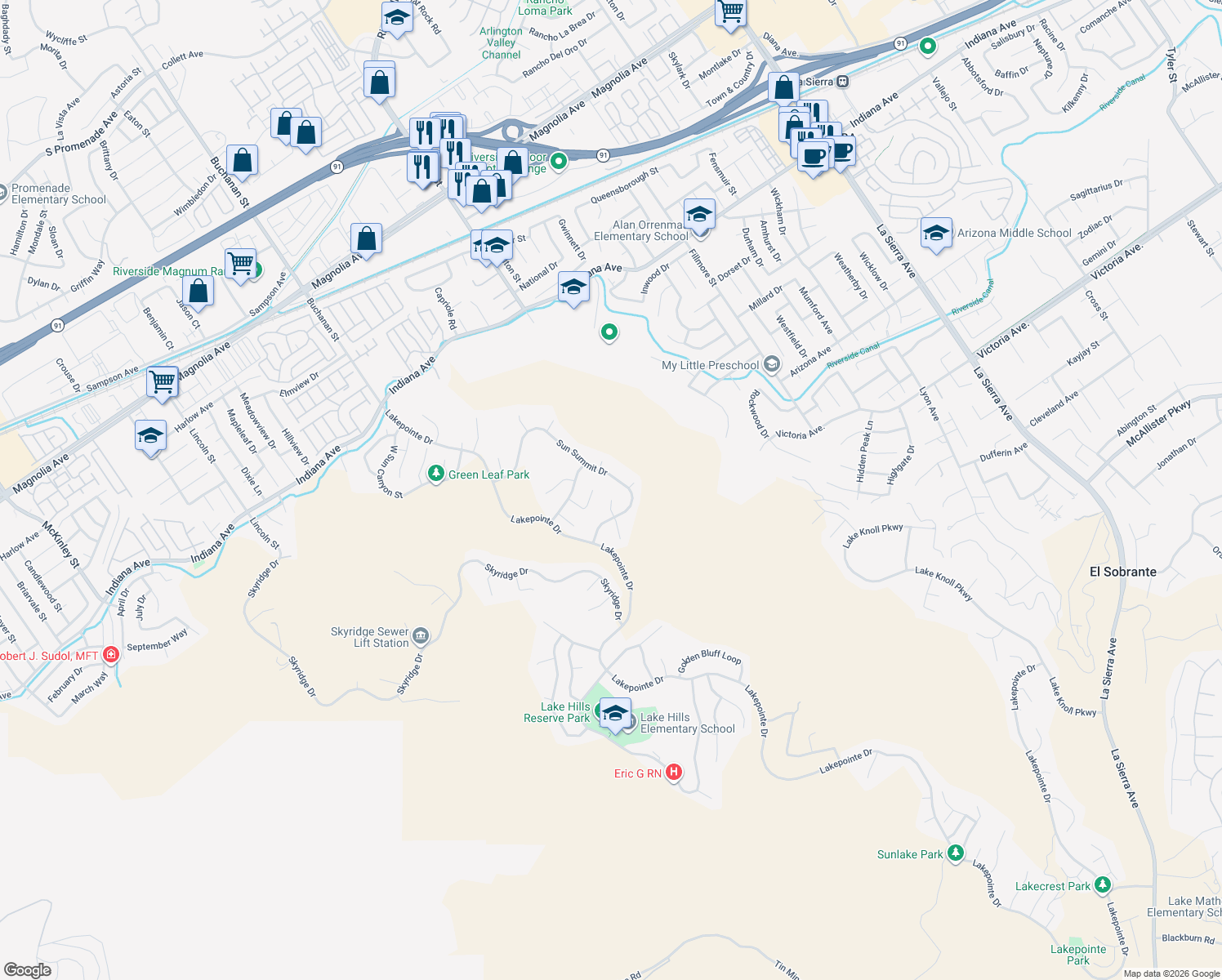 map of restaurants, bars, coffee shops, grocery stores, and more near 16330 Cool Breeze Court in Riverside