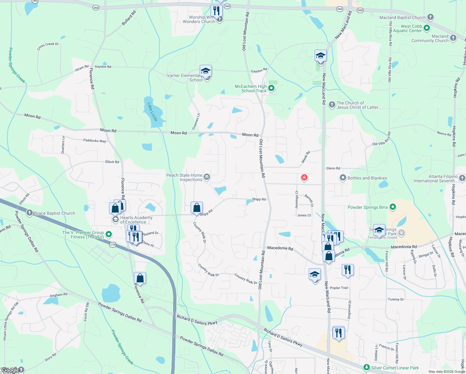 map of restaurants, bars, coffee shops, grocery stores, and more near 2925 Soapstone Court in Powder Springs