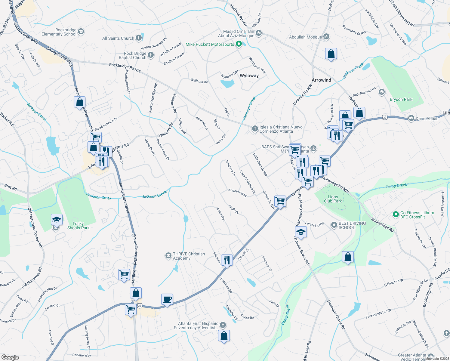map of restaurants, bars, coffee shops, grocery stores, and more near 710 Belgrave Ln in Tucker