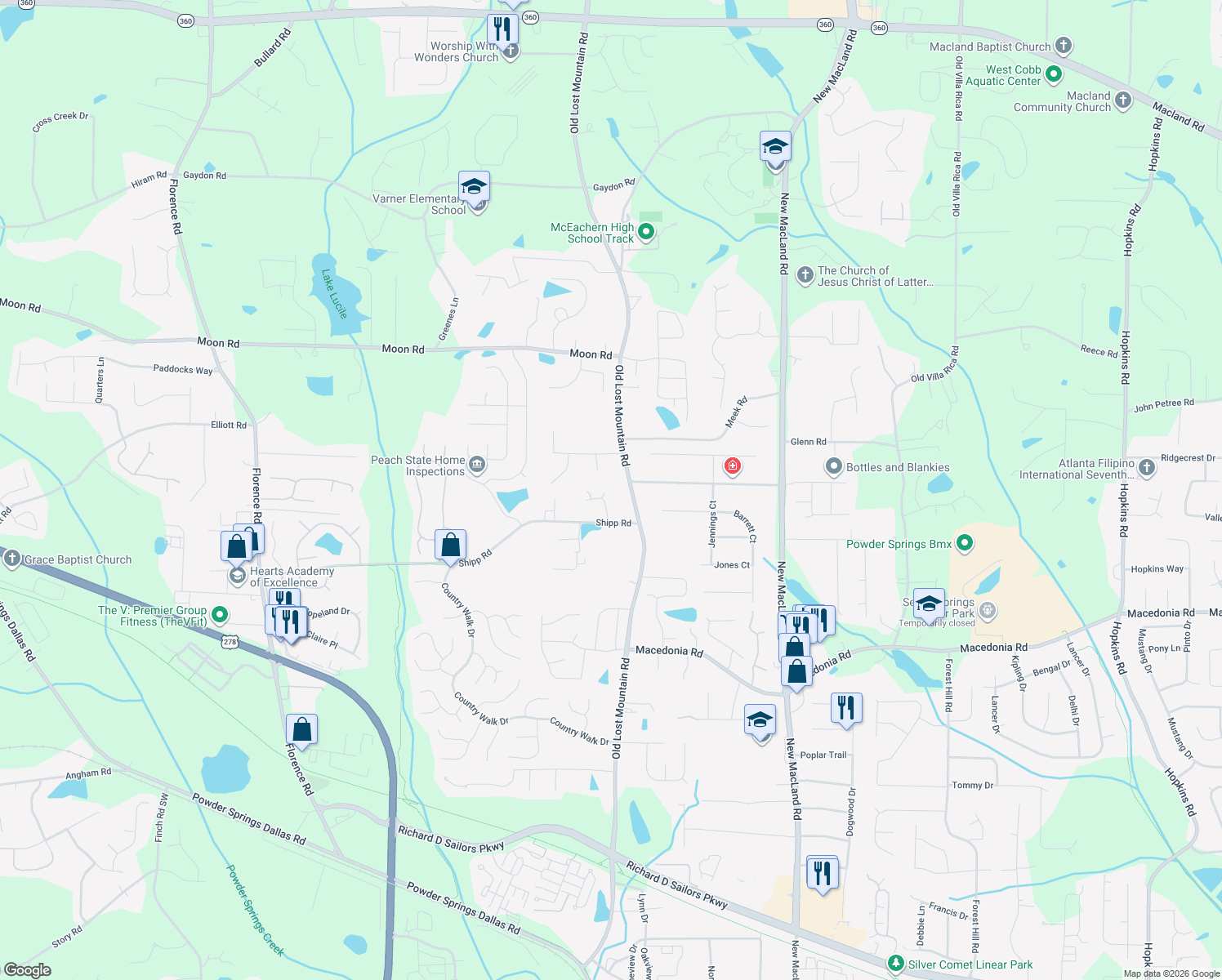 map of restaurants, bars, coffee shops, grocery stores, and more near 2982 Nell Way in Powder Springs