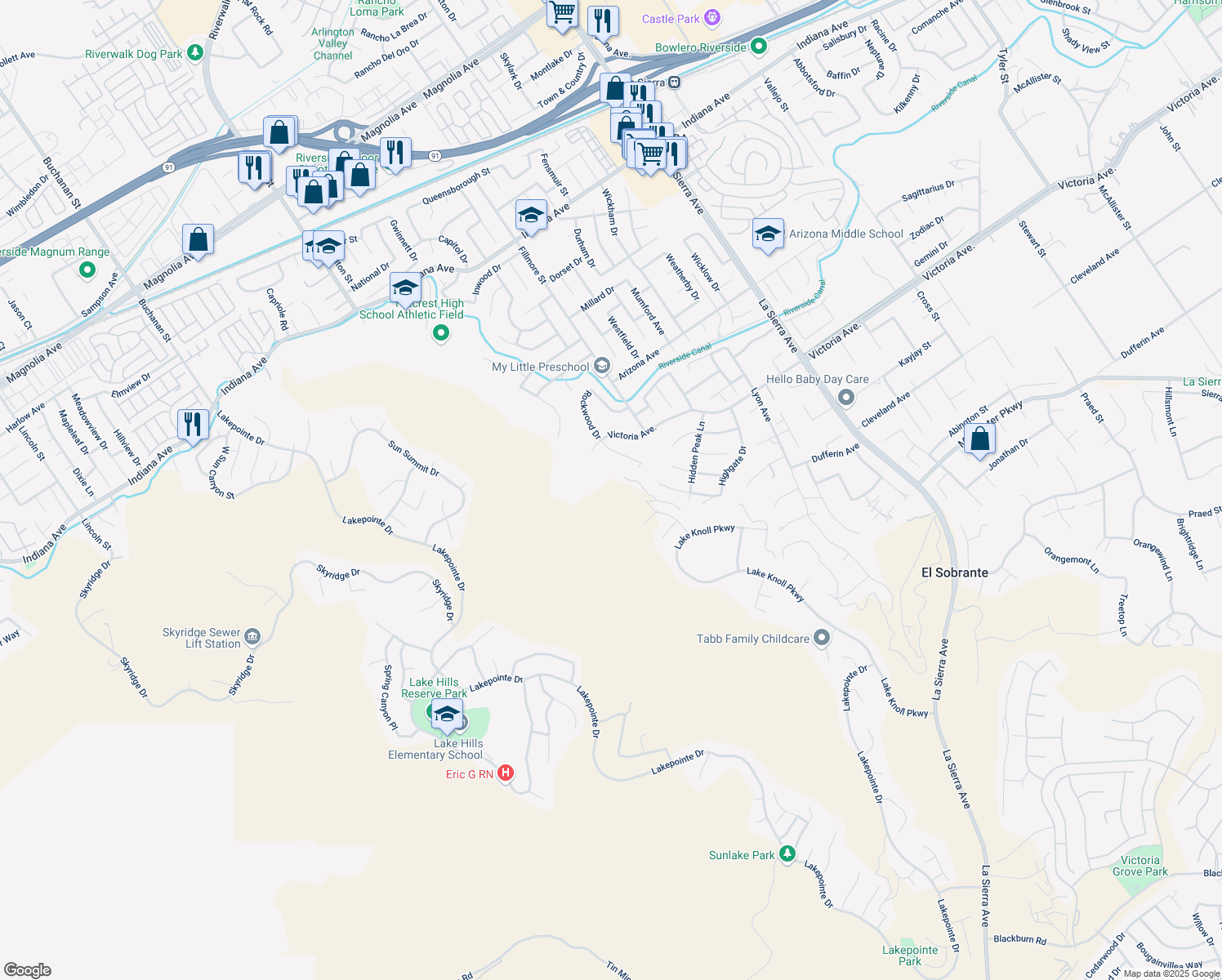 map of restaurants, bars, coffee shops, grocery stores, and more near 11634 Victoria Avenue in Riverside