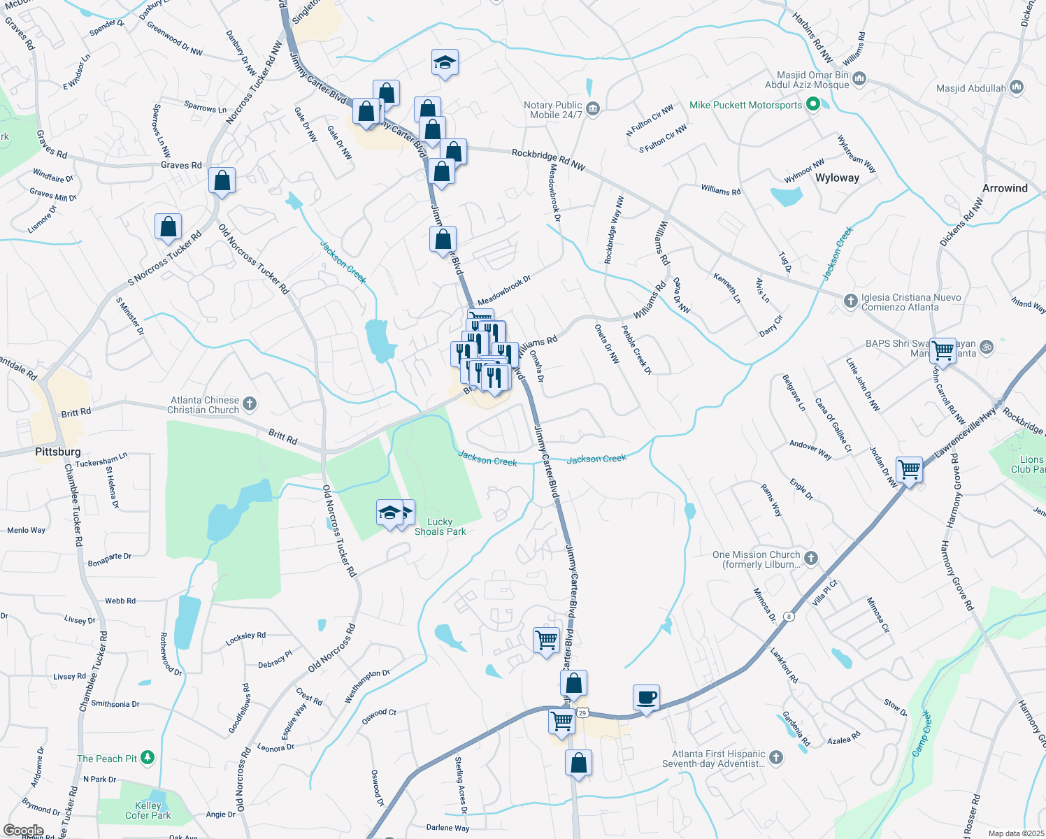 map of restaurants, bars, coffee shops, grocery stores, and more near 6863 Wandering Way Northwest in Norcross