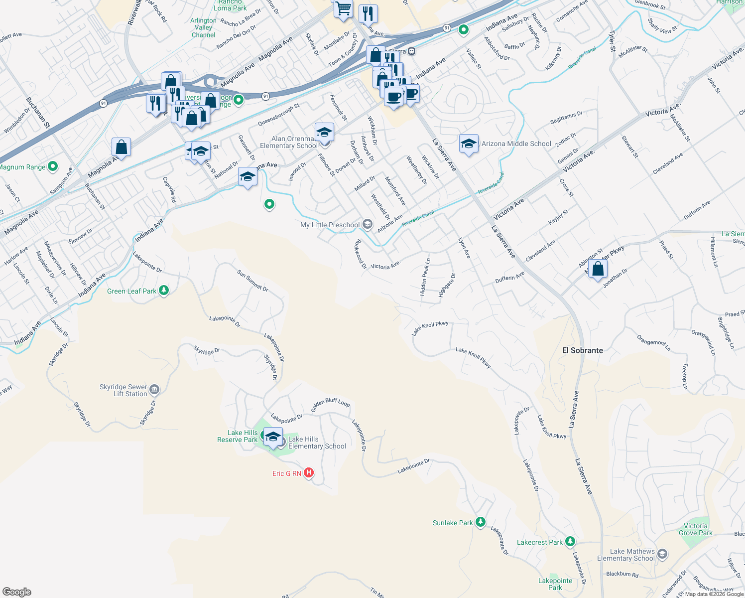 map of restaurants, bars, coffee shops, grocery stores, and more near 11634 Victoria Avenue in Riverside