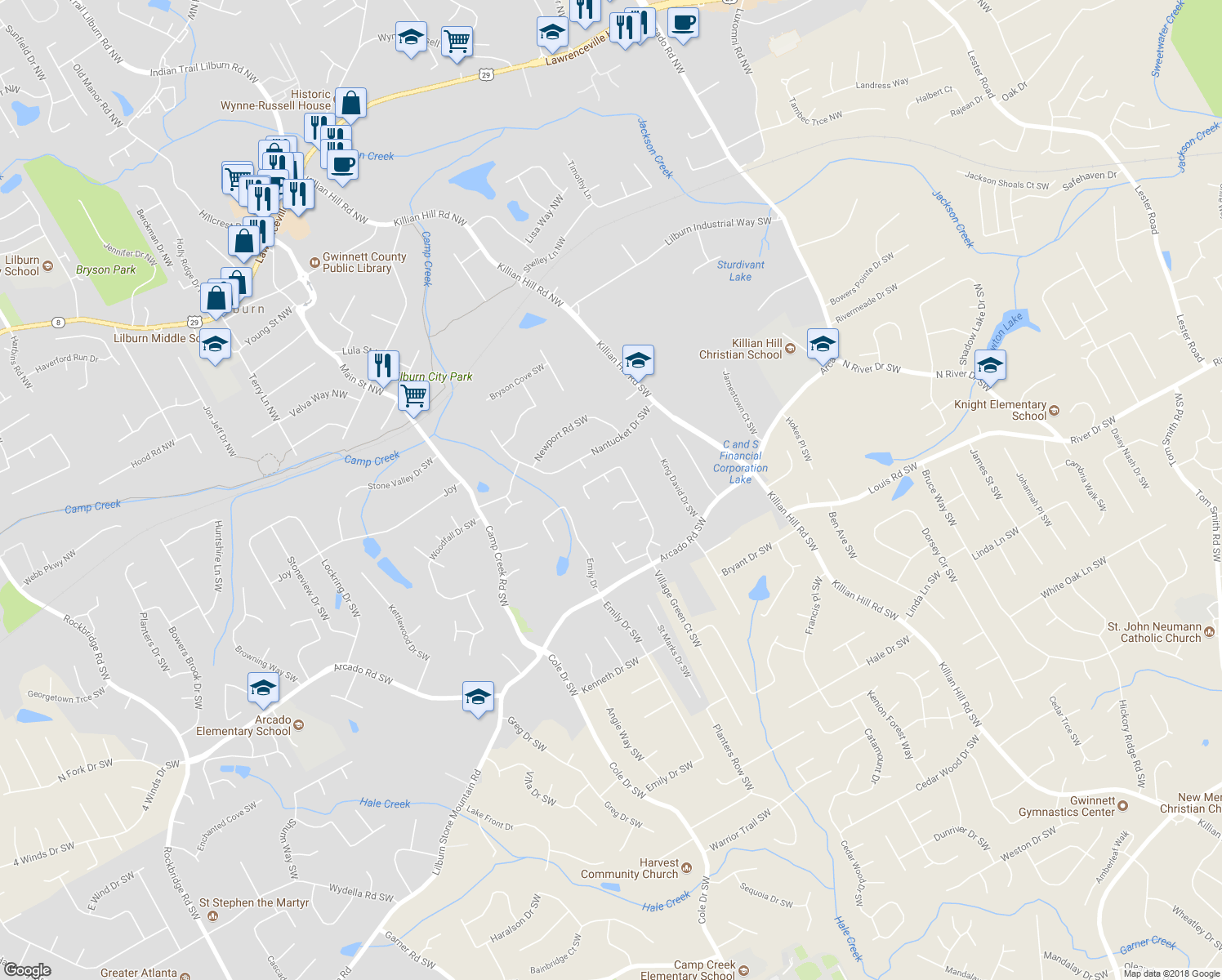 map of restaurants, bars, coffee shops, grocery stores, and more near 198 Trickum Landing Southwest in Lilburn