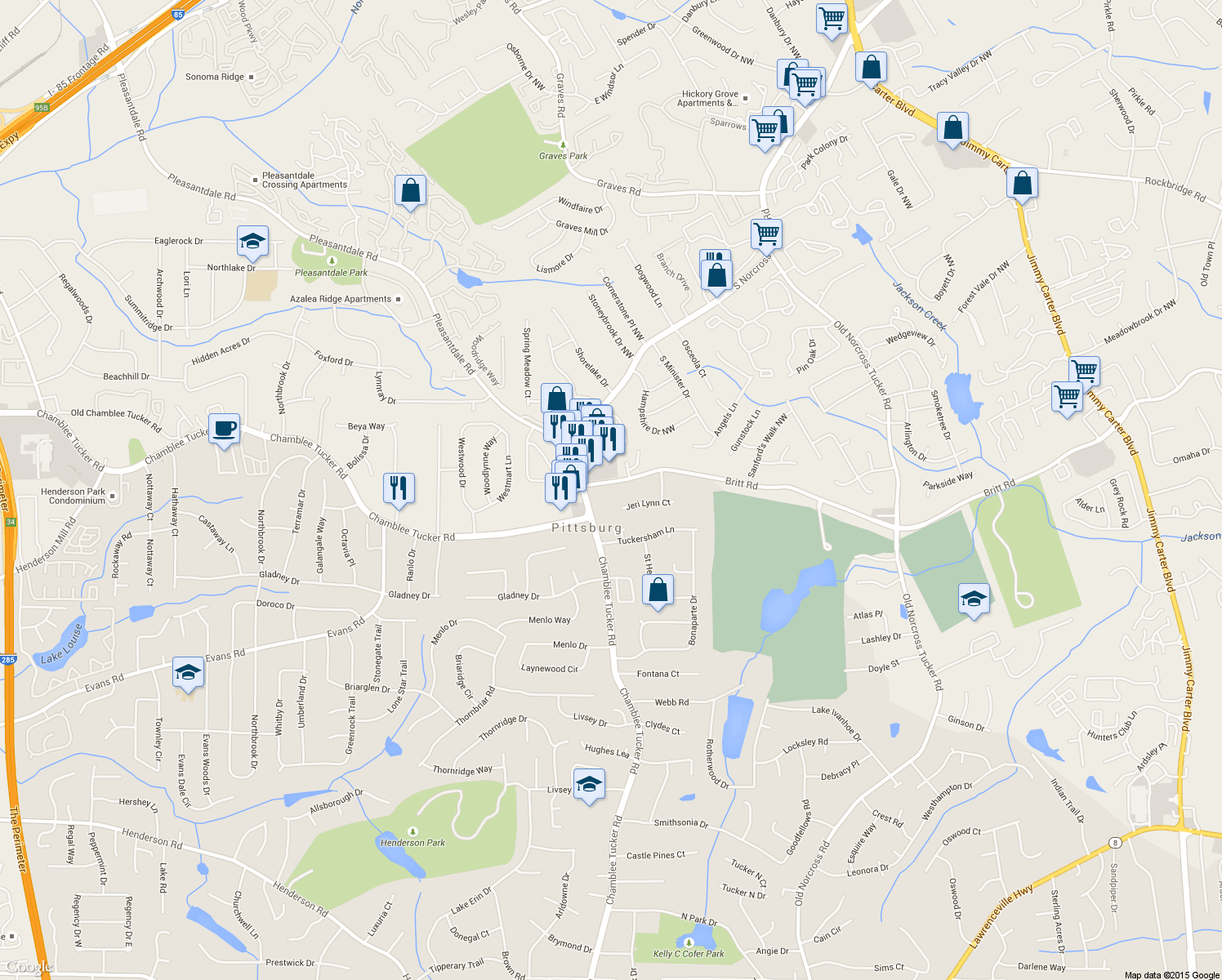 map of restaurants, bars, coffee shops, grocery stores, and more near 4153 Britt Rd in Tucker