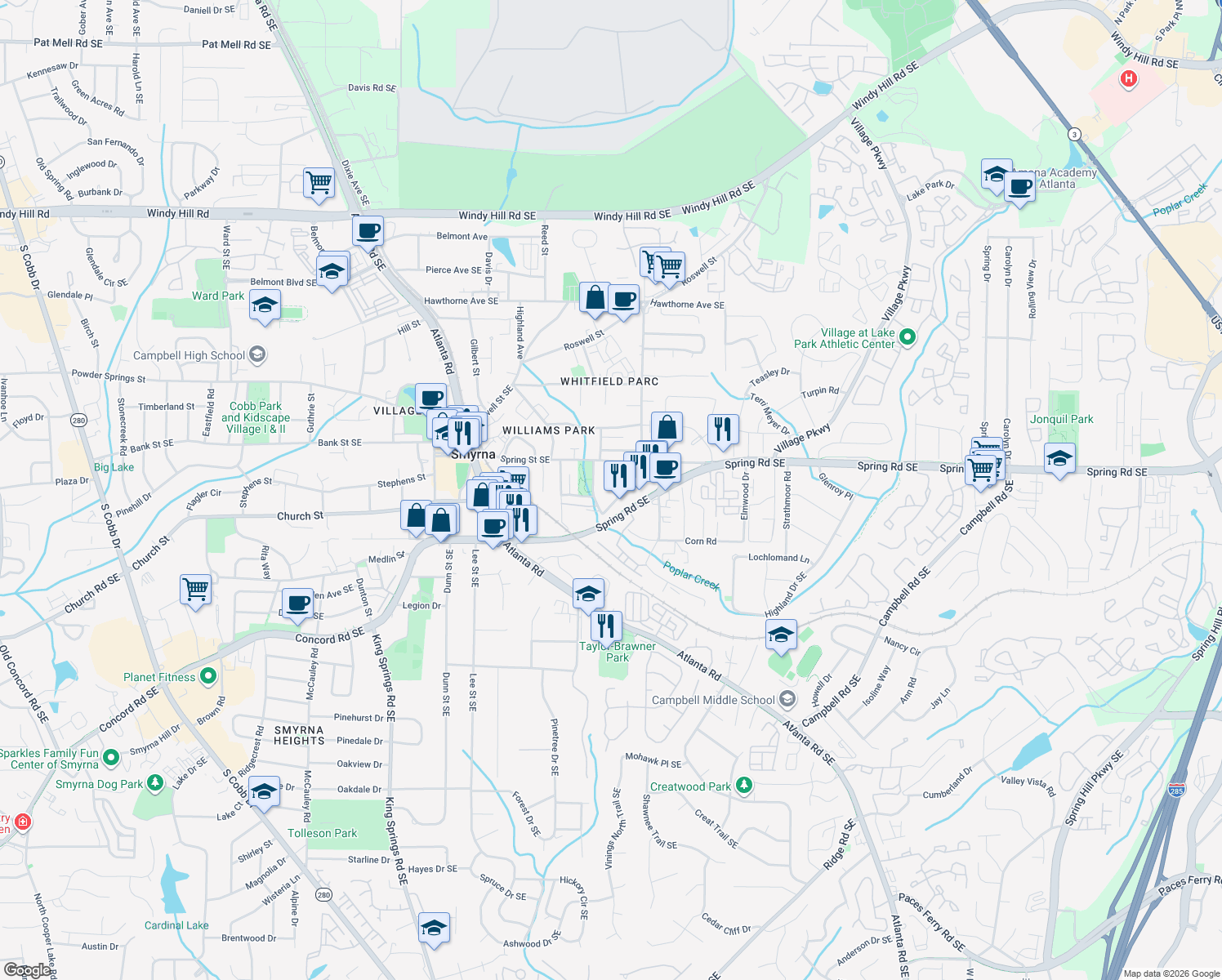 map of restaurants, bars, coffee shops, grocery stores, and more near 2910 Anderson Cir SE in Smyrna