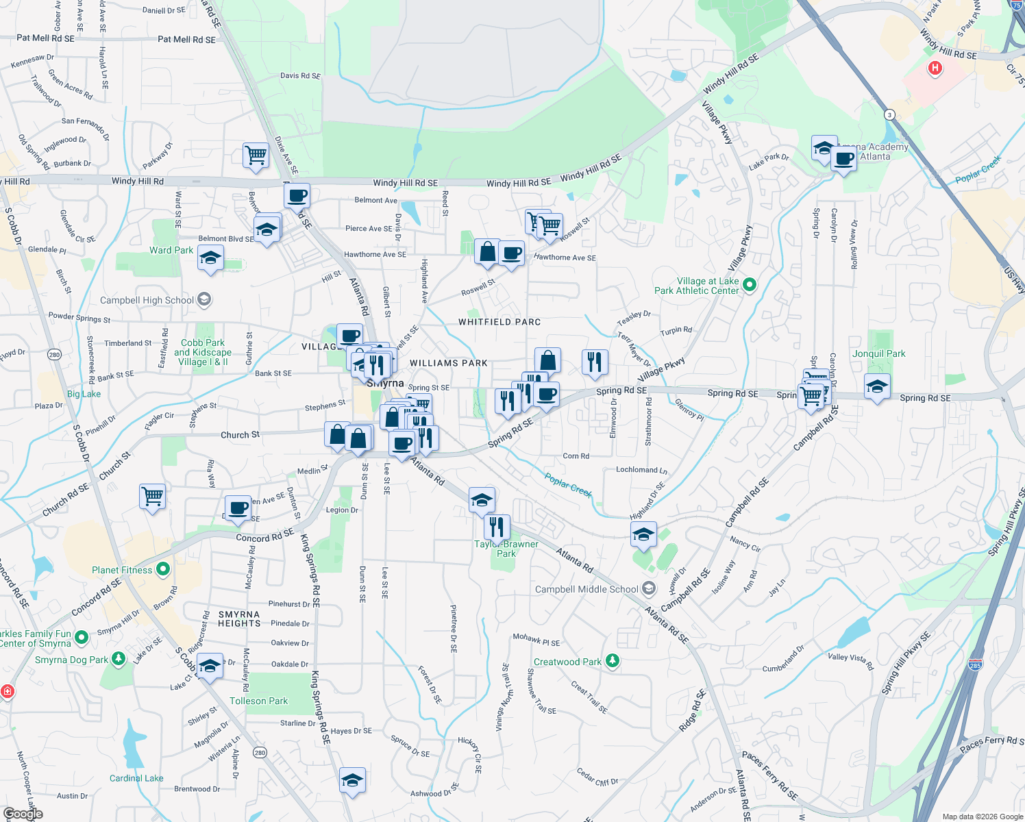 map of restaurants, bars, coffee shops, grocery stores, and more near 2895 Anderson Cir SE in Smyrna