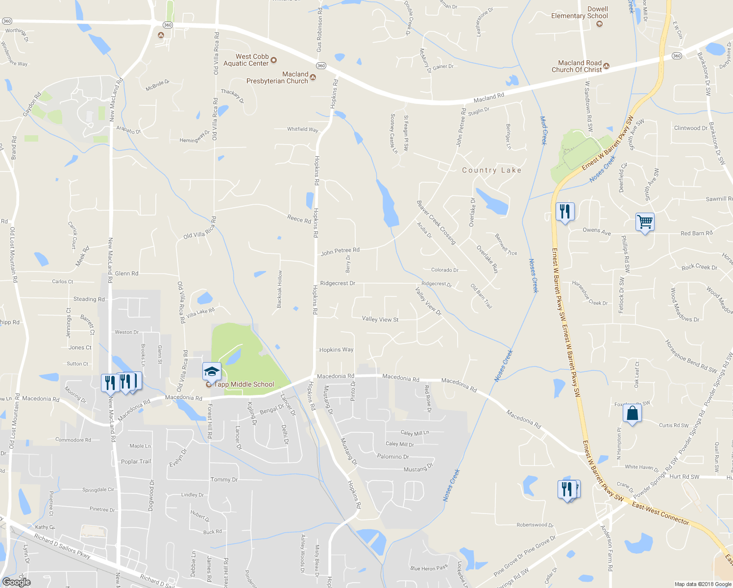 map of restaurants, bars, coffee shops, grocery stores, and more near 2961 Ridge Road in Powder Springs
