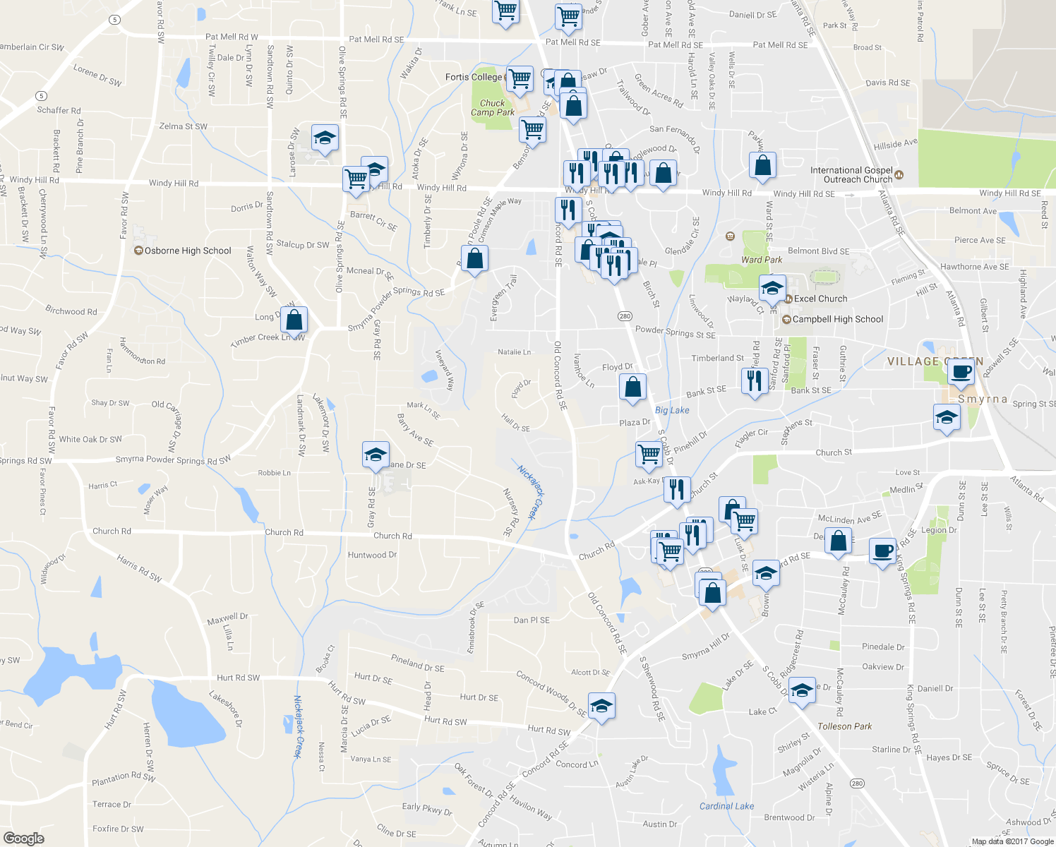 map of restaurants, bars, coffee shops, grocery stores, and more near 2908 Hall Drive Southeast in Smyrna