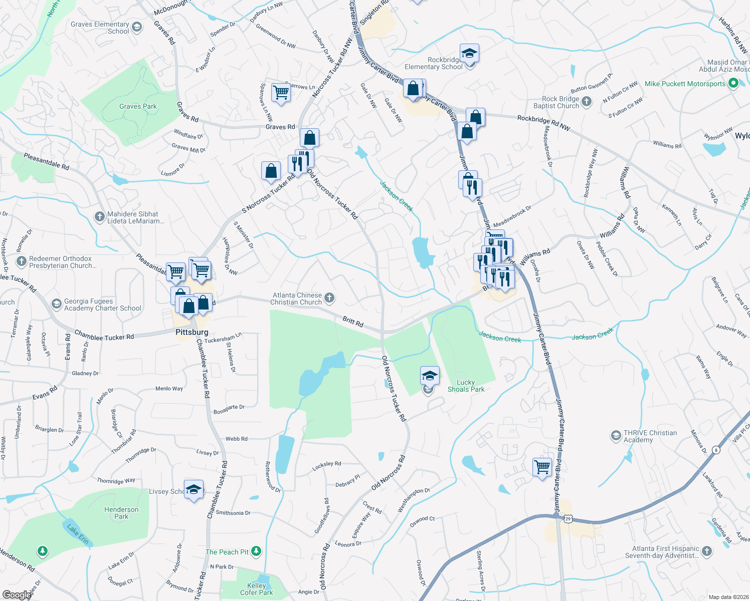 map of restaurants, bars, coffee shops, grocery stores, and more near 6518 Brynhurst Drive Northwest in Tucker
