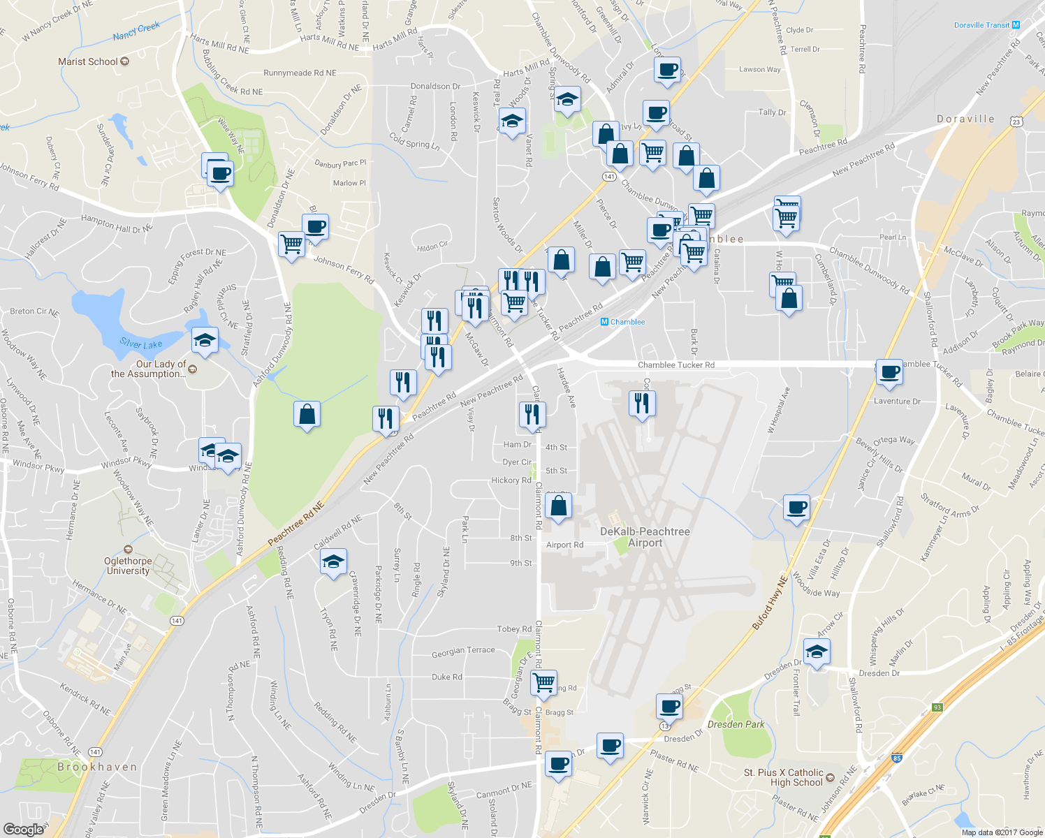 map of restaurants, bars, coffee shops, grocery stores, and more near 3193 Clairwood Terrace in Chamblee