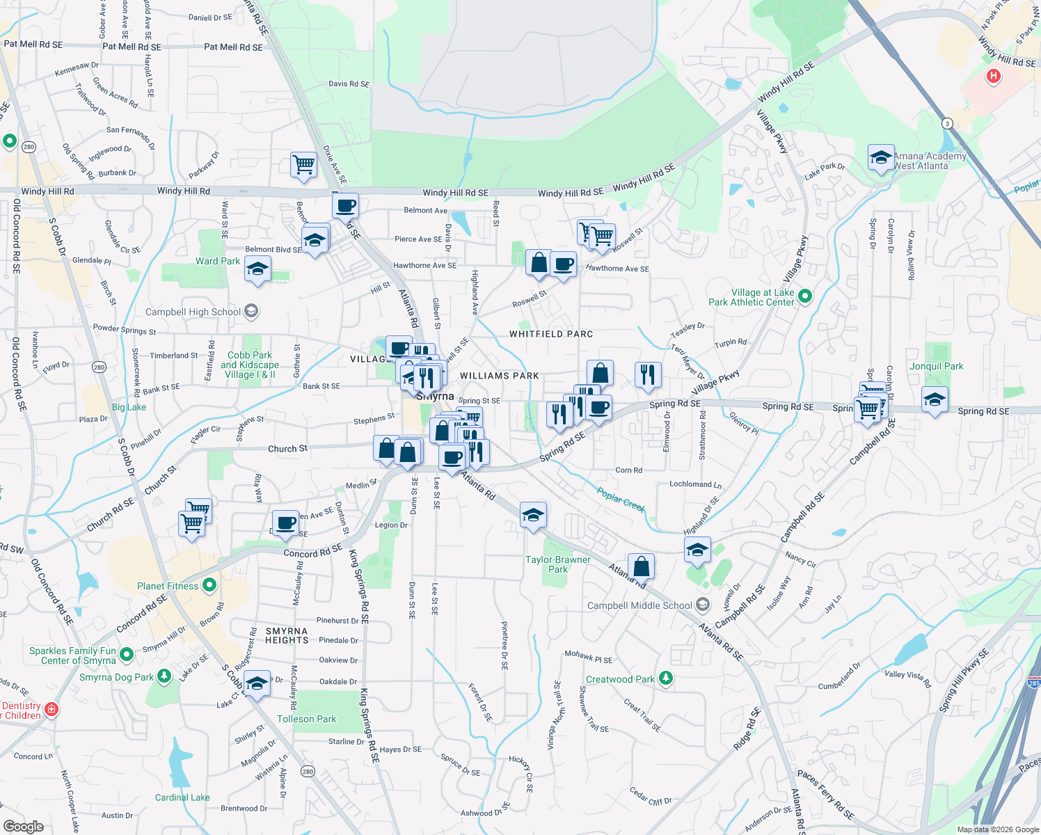 map of restaurants, bars, coffee shops, grocery stores, and more near 2855 Bernard Lane Southeast in Smyrna