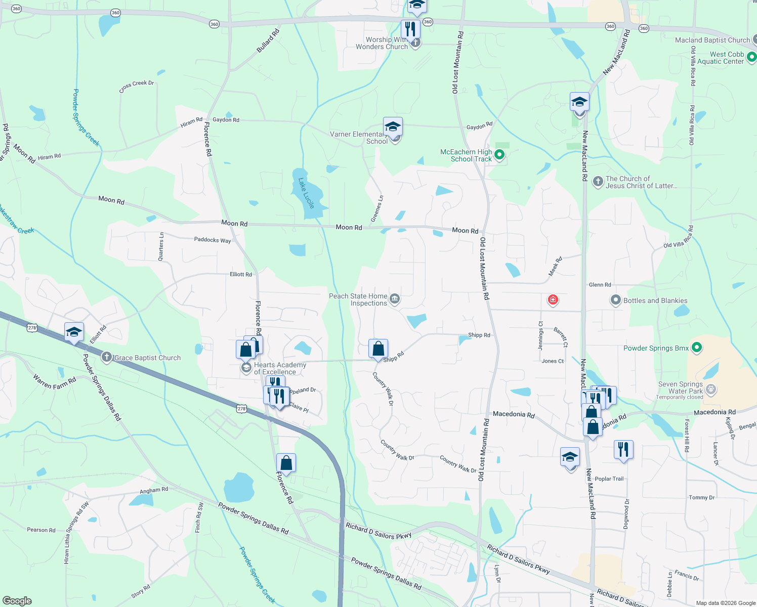 map of restaurants, bars, coffee shops, grocery stores, and more near 3116 Nectar Drive in Powder Springs