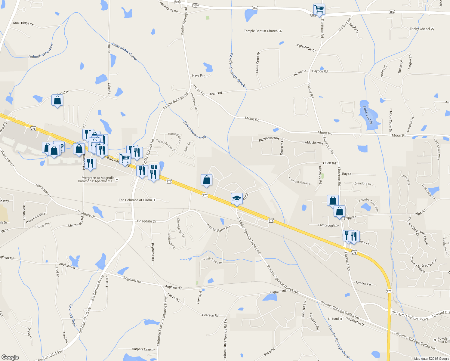 map of restaurants, bars, coffee shops, grocery stores, and more near 1410 Sterlingbrooke Drive in Powder Springs