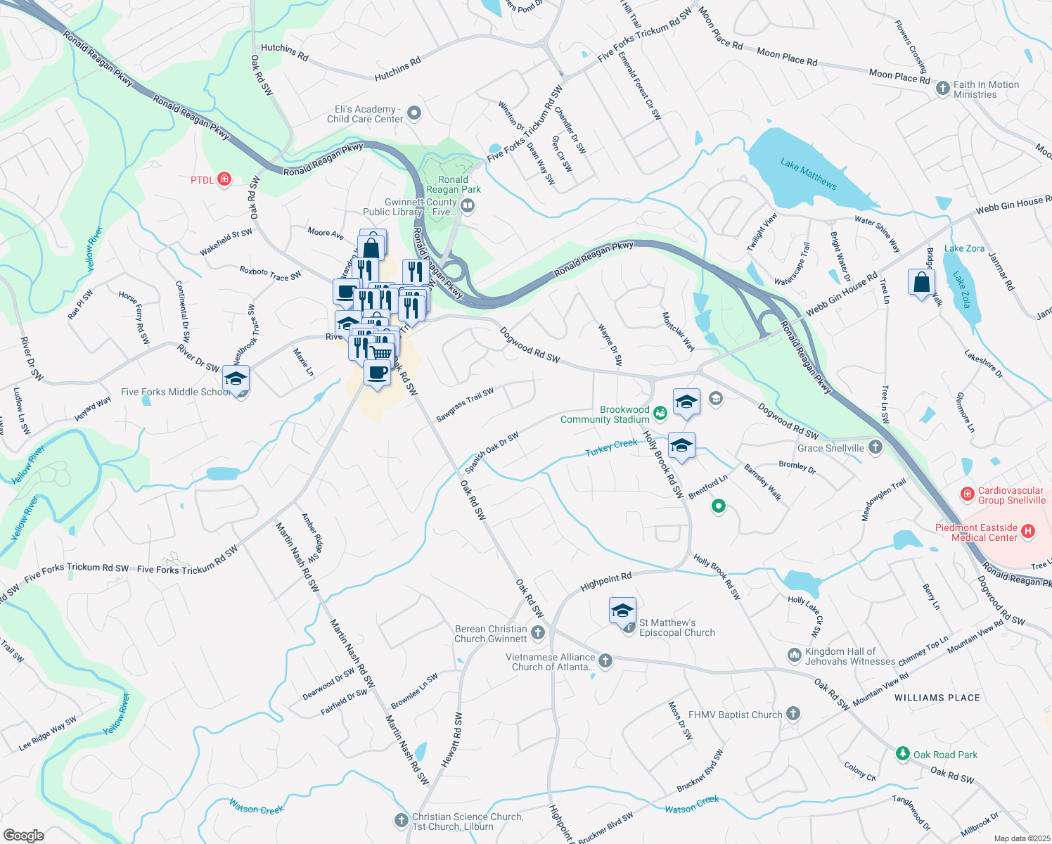 map of restaurants, bars, coffee shops, grocery stores, and more near 2857 Spanish Oak Drive Southwest in Lilburn