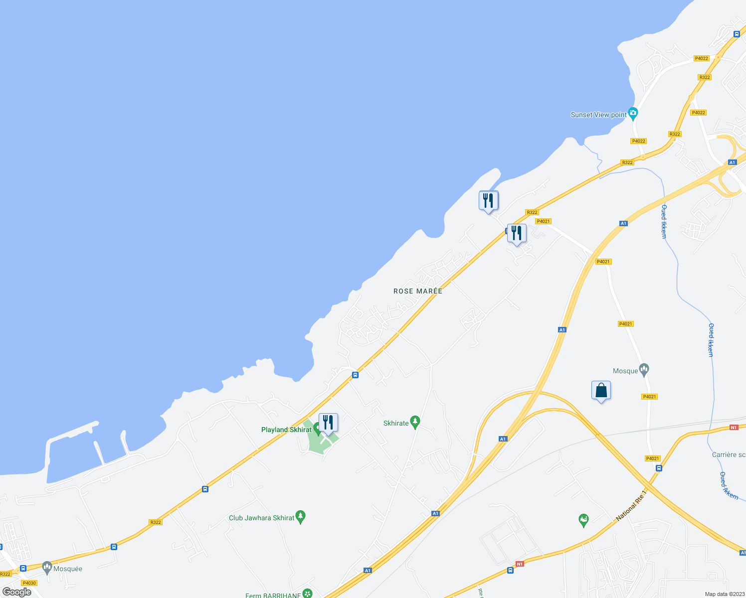 map of restaurants, bars, coffee shops, grocery stores, and more near in Skhirat