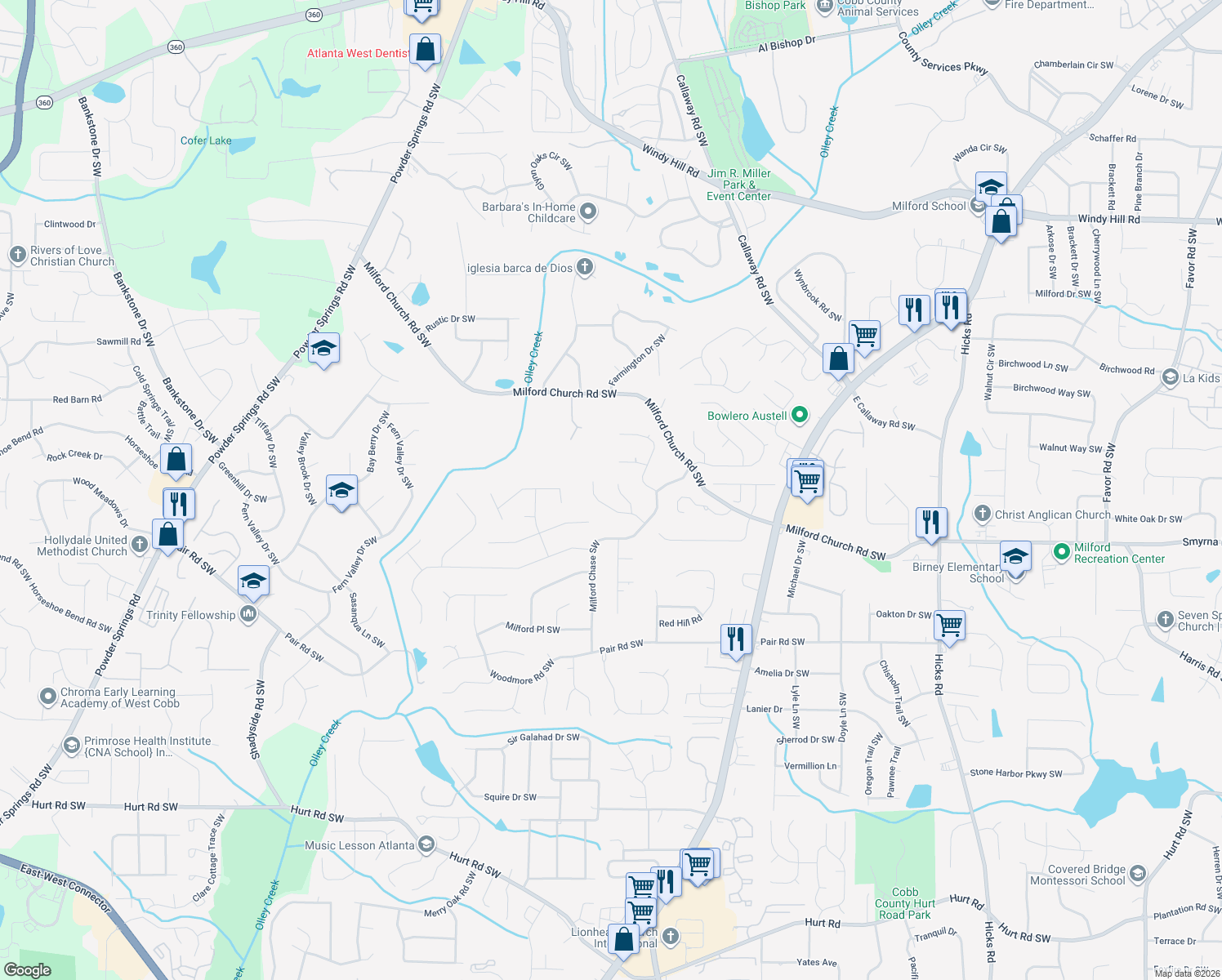 map of restaurants, bars, coffee shops, grocery stores, and more near 2858 Creek Ct SW in Marietta