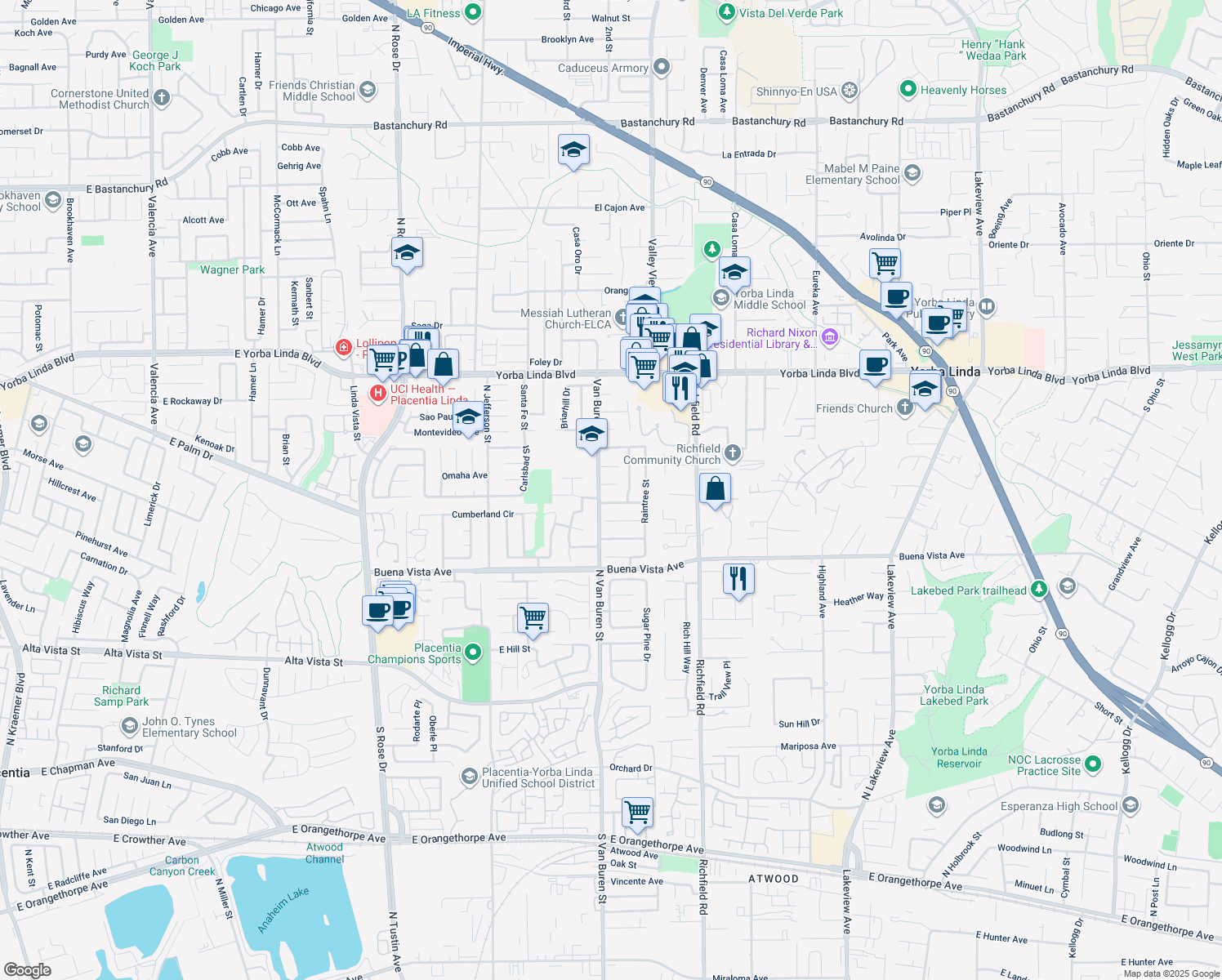 map of restaurants, bars, coffee shops, grocery stores, and more near 17342 Stafford Circle in Yorba Linda