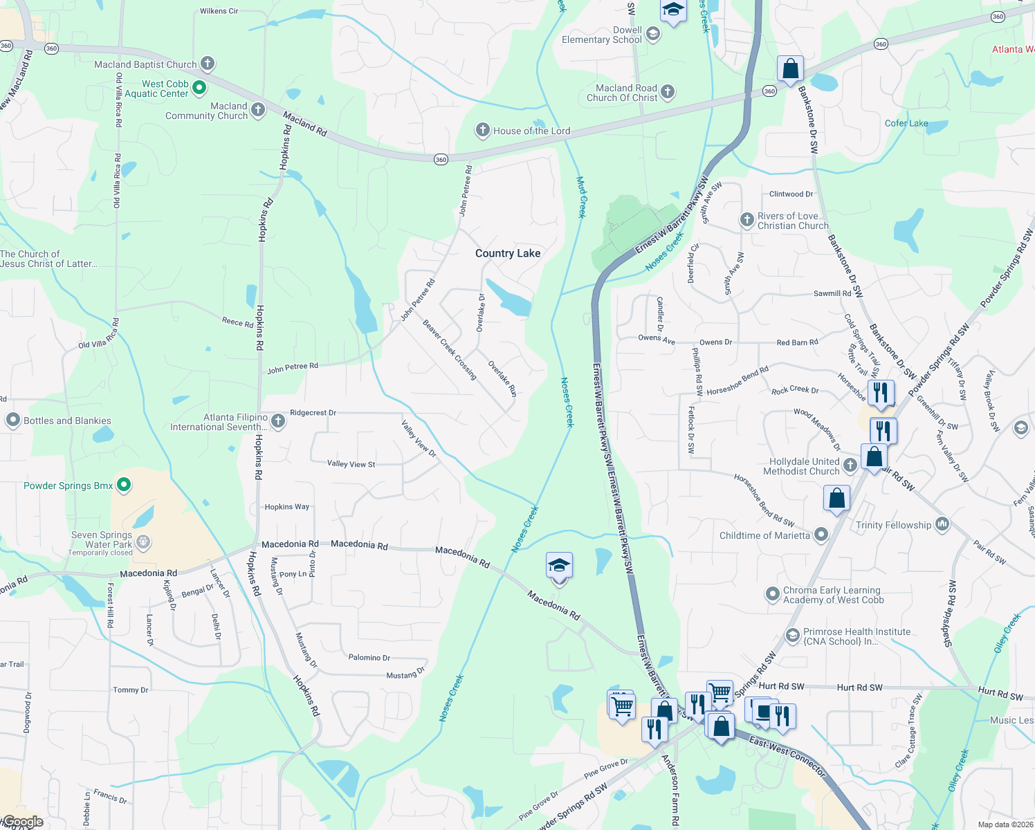 map of restaurants, bars, coffee shops, grocery stores, and more near 2747 Beaver Creek Crossing in Powder Springs
