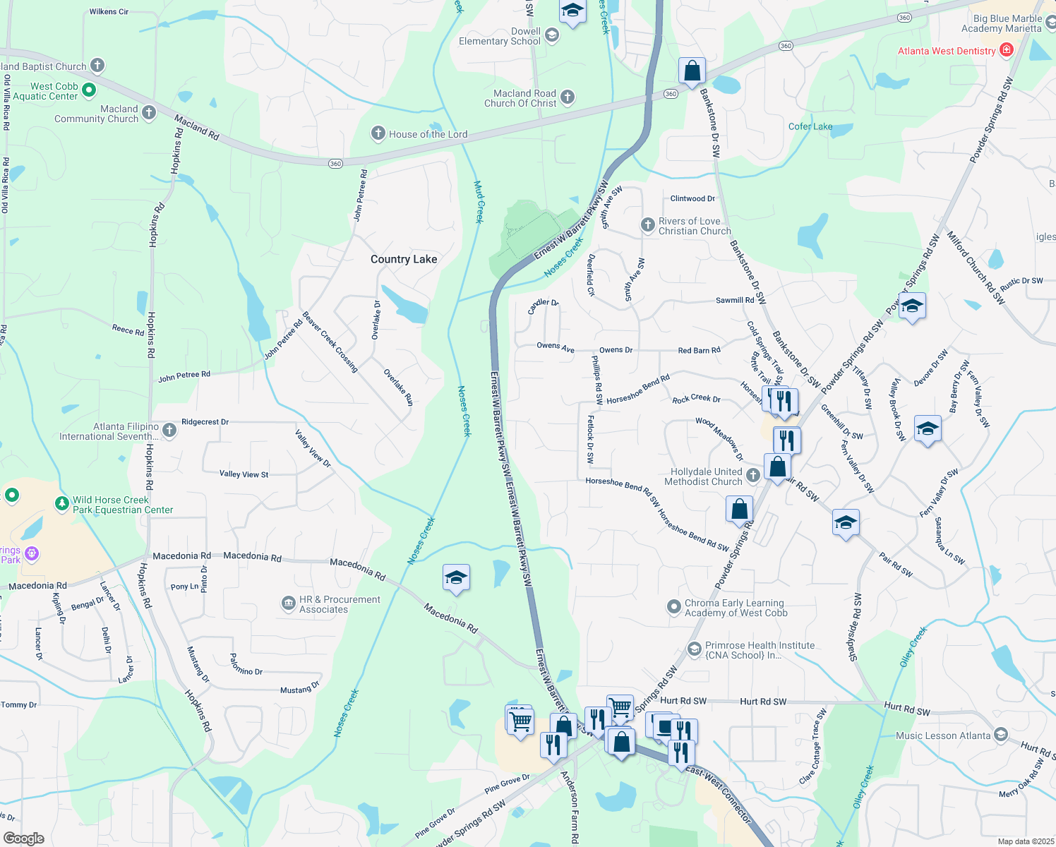 map of restaurants, bars, coffee shops, grocery stores, and more near 2723 Horseshoe Creek Dr in Marietta