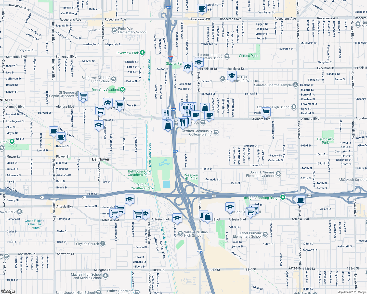 map of restaurants, bars, coffee shops, grocery stores, and more near 16219 Estella Avenue in Cerritos