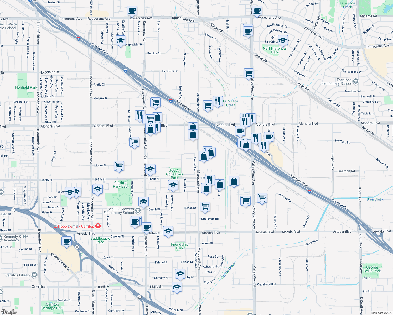 map of restaurants, bars, coffee shops, grocery stores, and more near 16330 Elmont Avenue in Cerritos