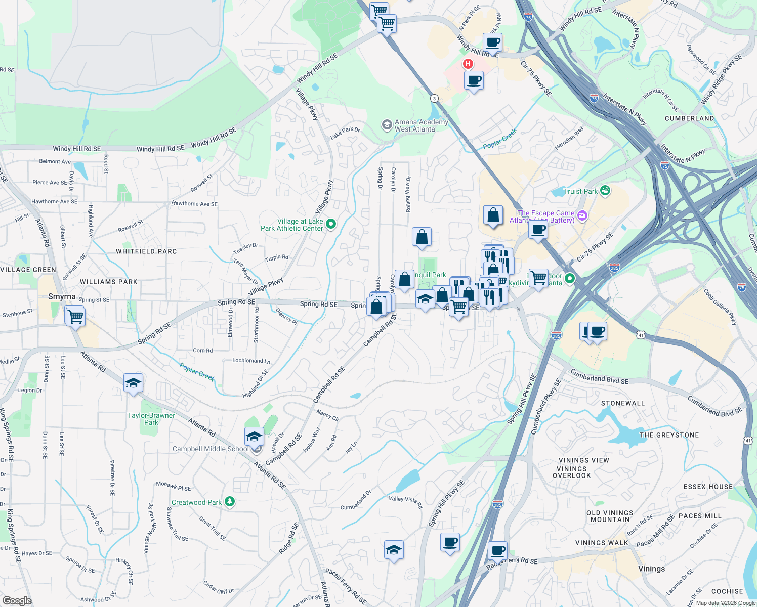 map of restaurants, bars, coffee shops, grocery stores, and more near 2699 Spring Dr in Smyrna