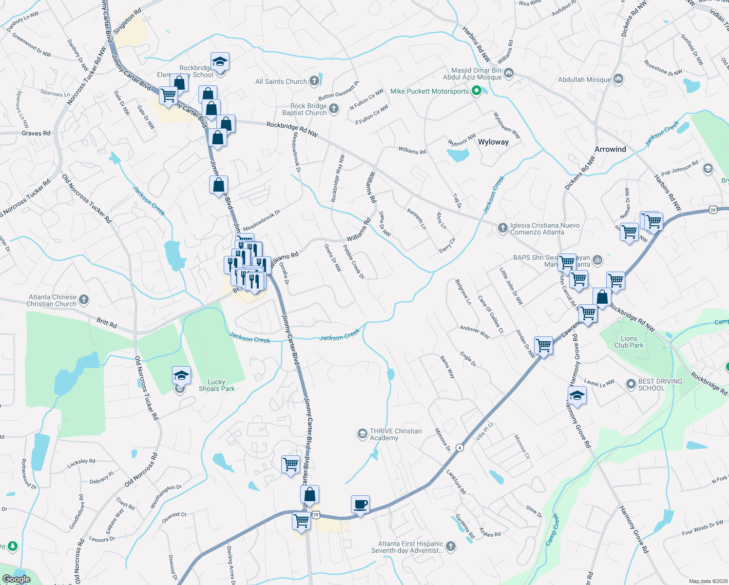 map of restaurants, bars, coffee shops, grocery stores, and more near 676 Deerfield Lane in Norcross