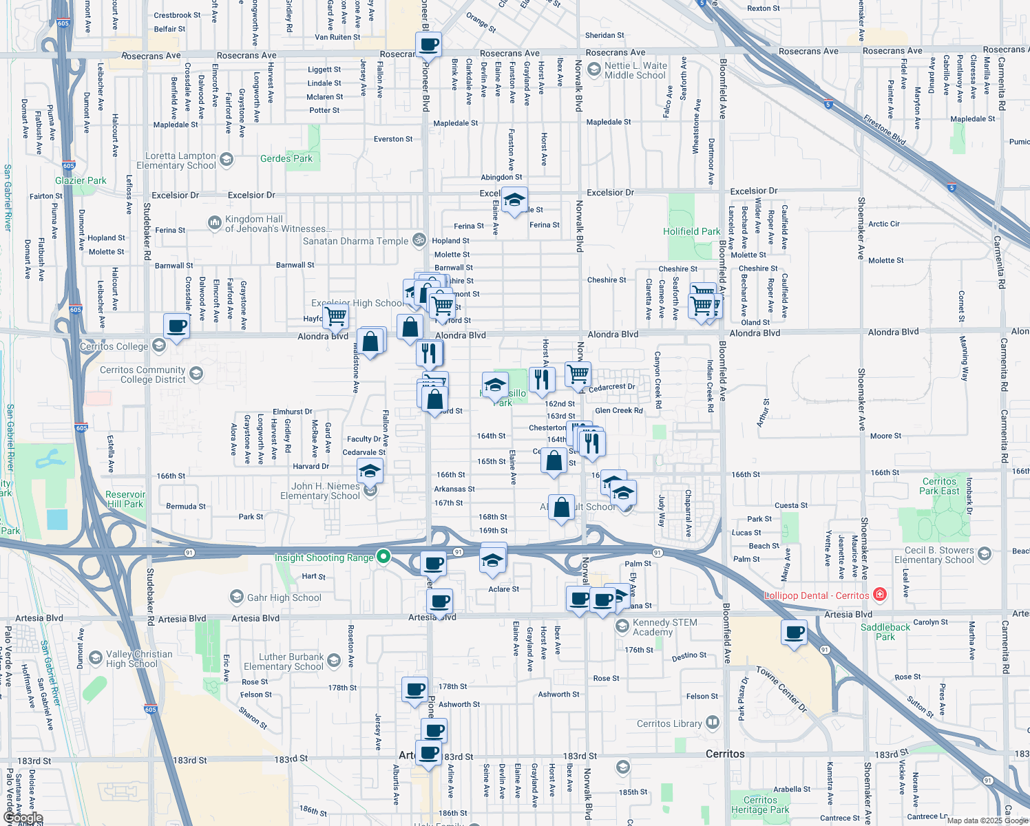 map of restaurants, bars, coffee shops, grocery stores, and more near 12005 163rd Street in Norwalk