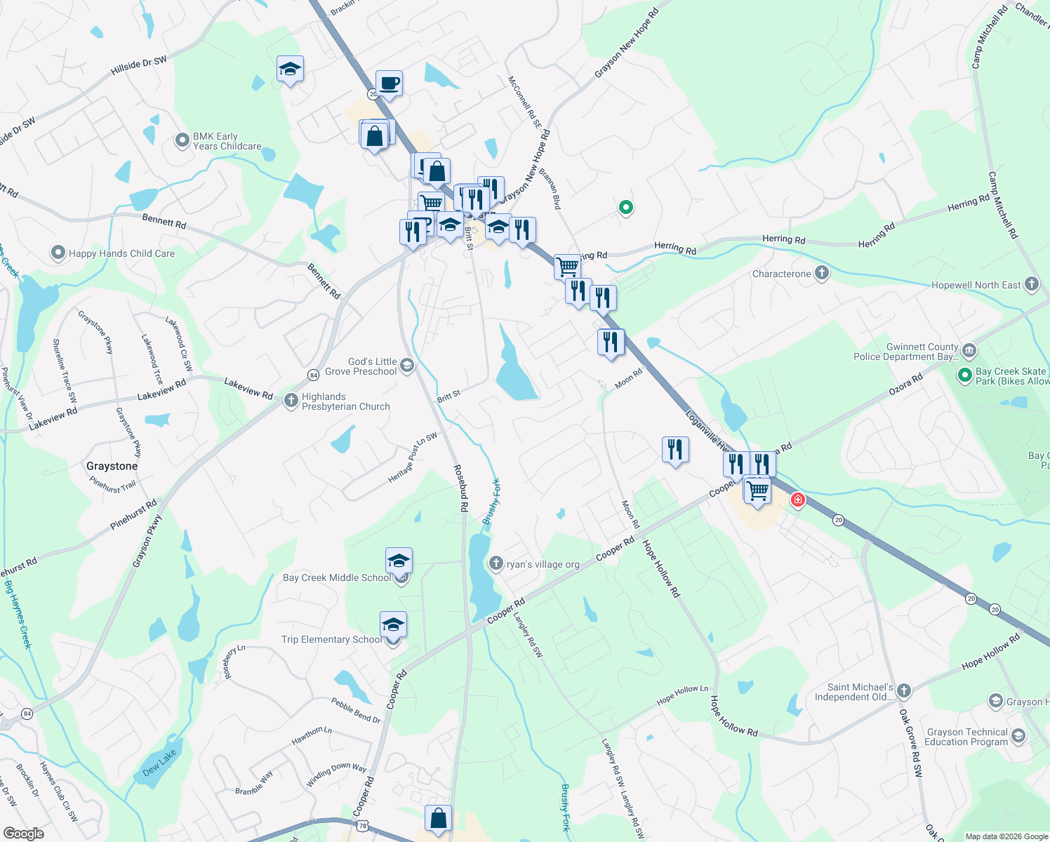 map of restaurants, bars, coffee shops, grocery stores, and more near 2690 Tyler Bay Lane in Grayson