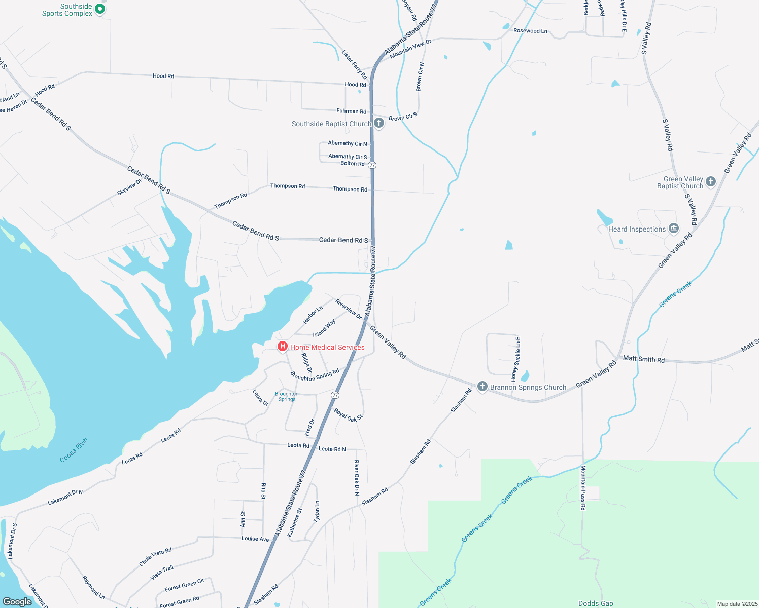 map of restaurants, bars, coffee shops, grocery stores, and more near 4761 Silverwood Drive in Gadsden