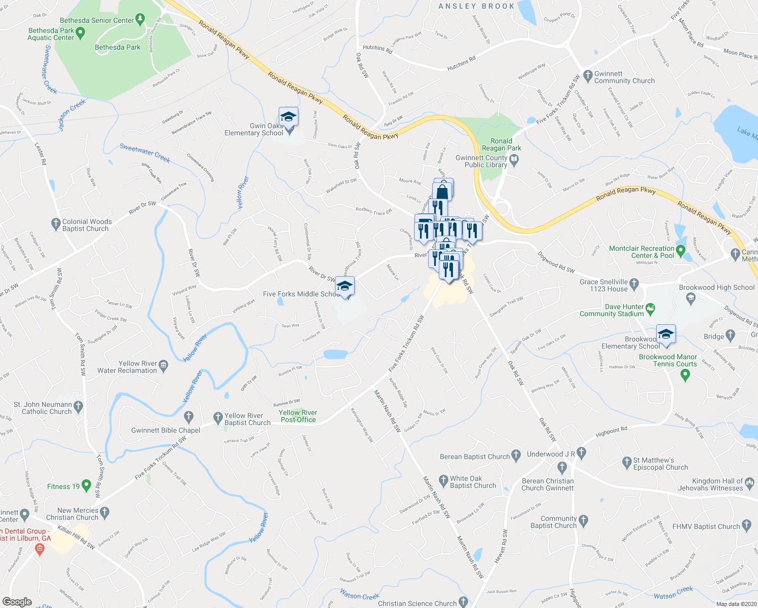 map of restaurants, bars, coffee shops, grocery stores, and more near 905 Foxfire Drive Southwest in Lawrenceville