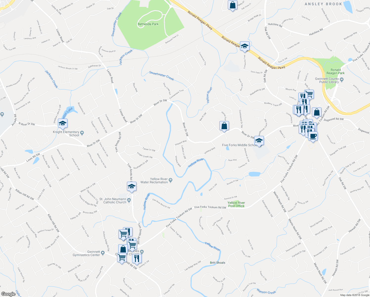 map of restaurants, bars, coffee shops, grocery stores, and more near 735 Ludlow Lane Southwest in Lawrenceville