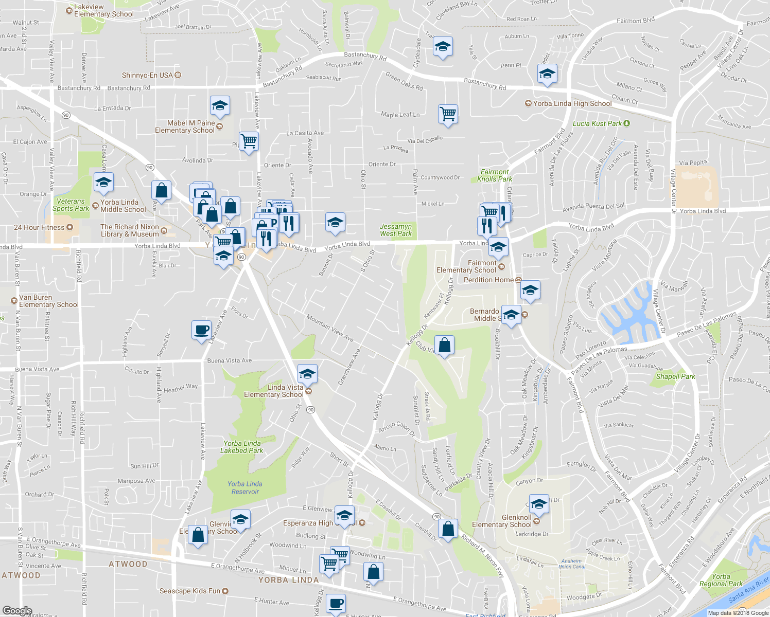 map of restaurants, bars, coffee shops, grocery stores, and more near 5302 Grandview Avenue in Yorba Linda