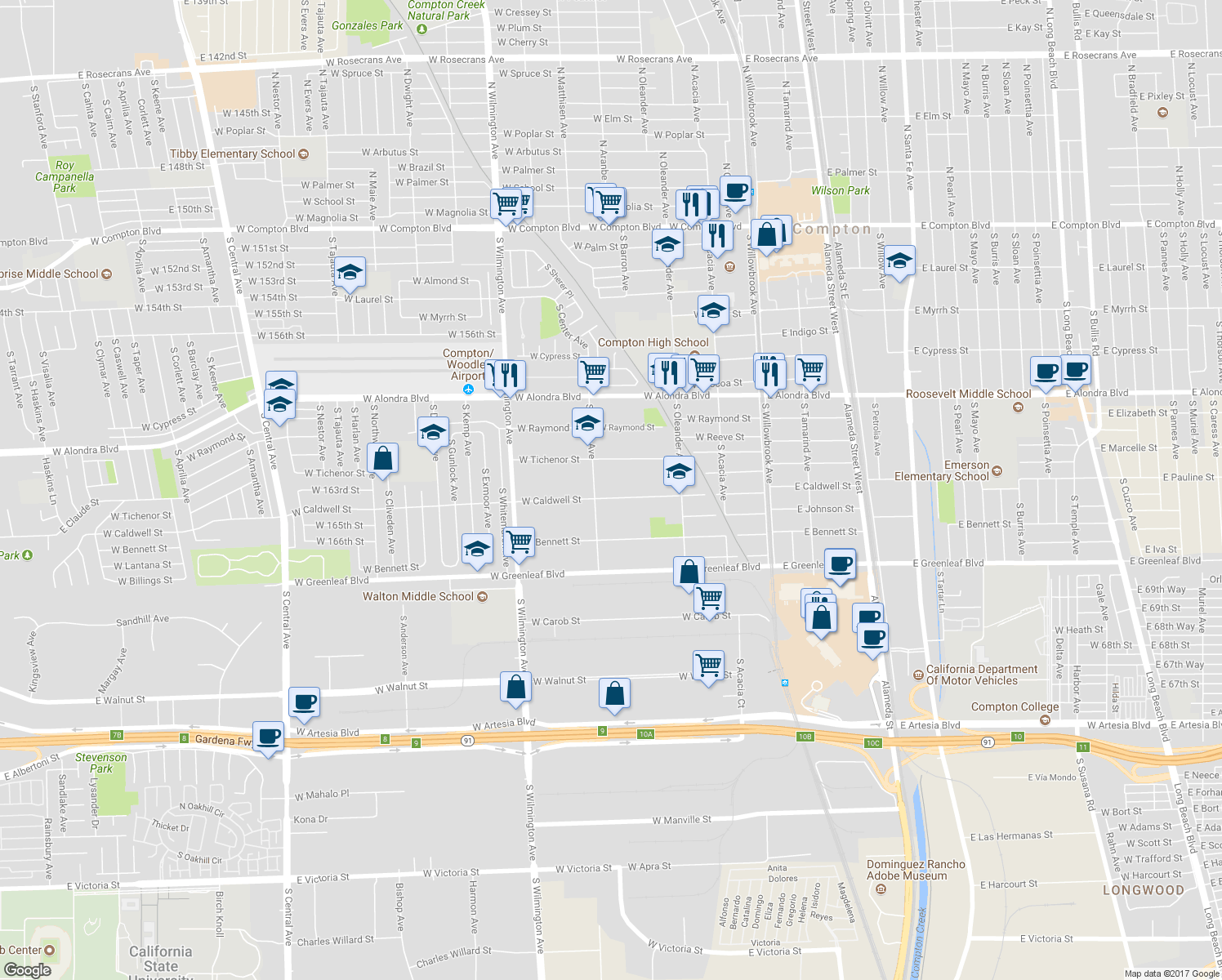 map of restaurants, bars, coffee shops, grocery stores, and more near 507 West Caldwell Street in Compton