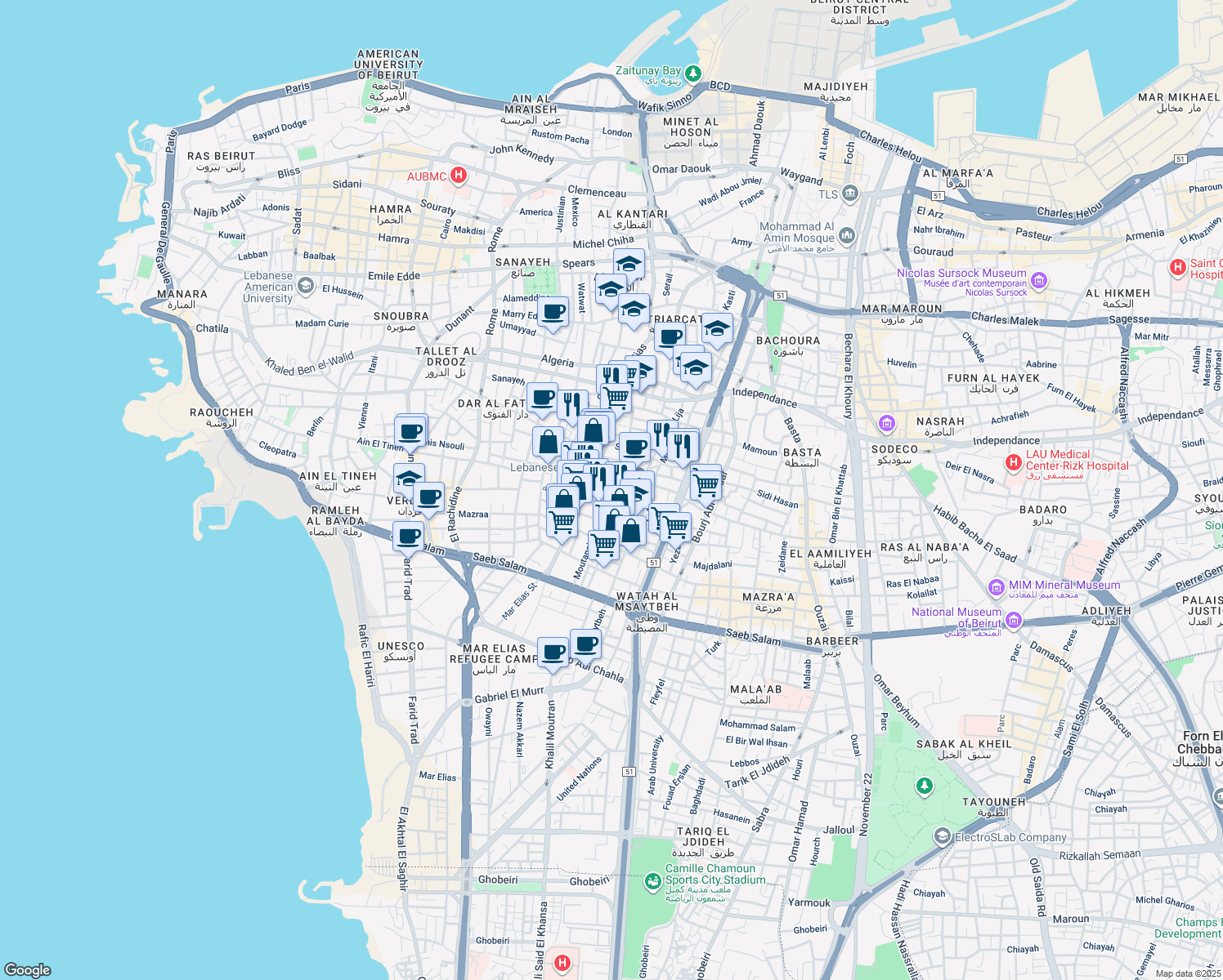 map of restaurants, bars, coffee shops, grocery stores, and more near Baida in Bayrut