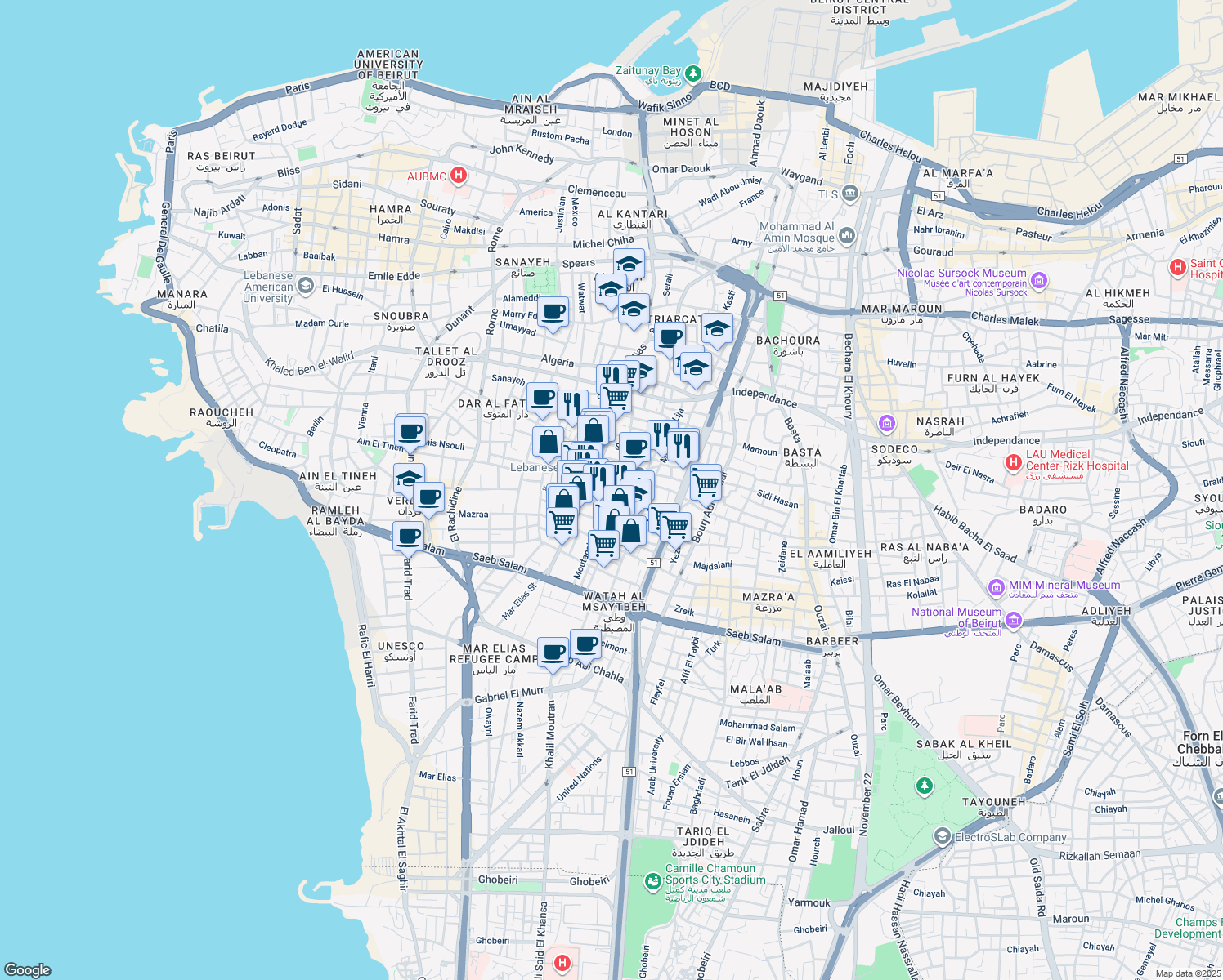 map of restaurants, bars, coffee shops, grocery stores, and more near Baida in Bayrut