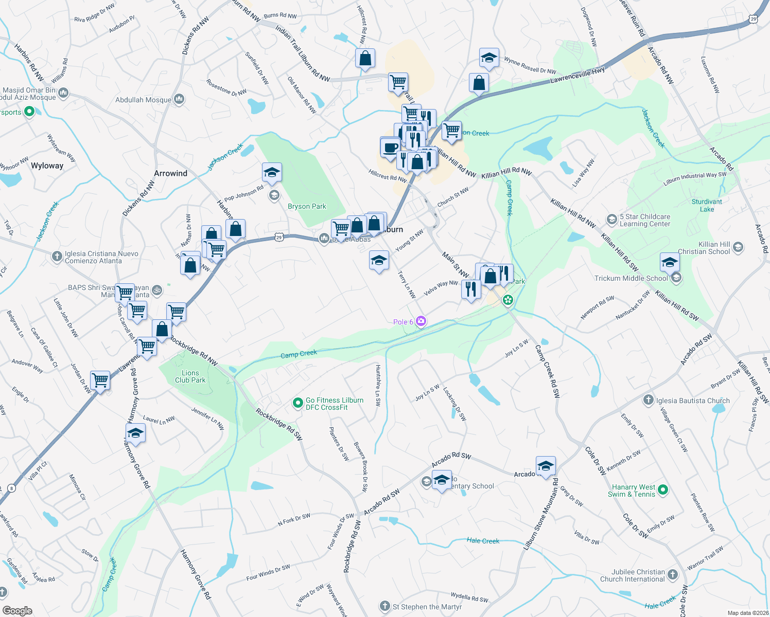 map of restaurants, bars, coffee shops, grocery stores, and more near 95 Jon Jeff Dr NW in Lilburn