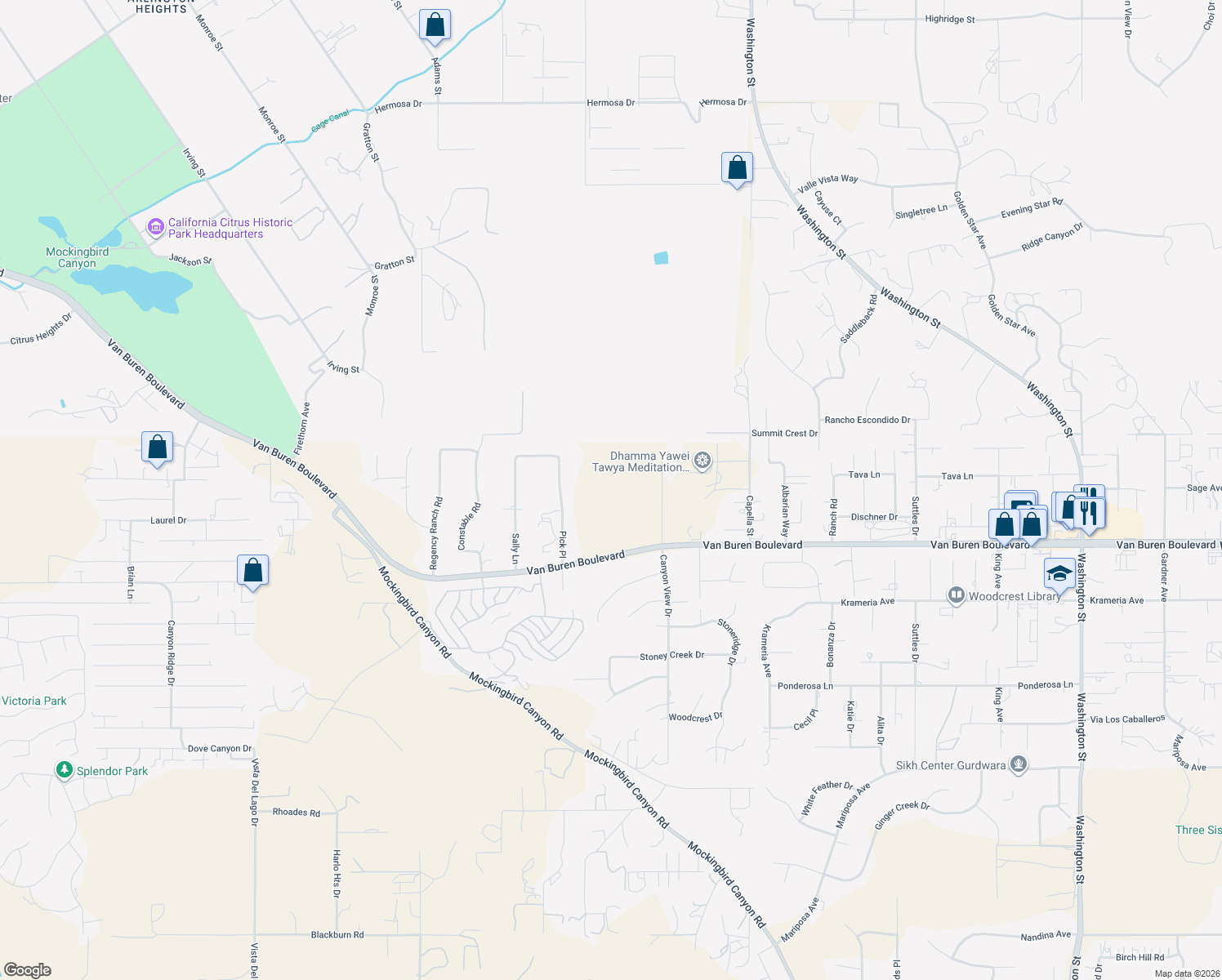 map of restaurants, bars, coffee shops, grocery stores, and more near 16264 Pick Place in Riverside