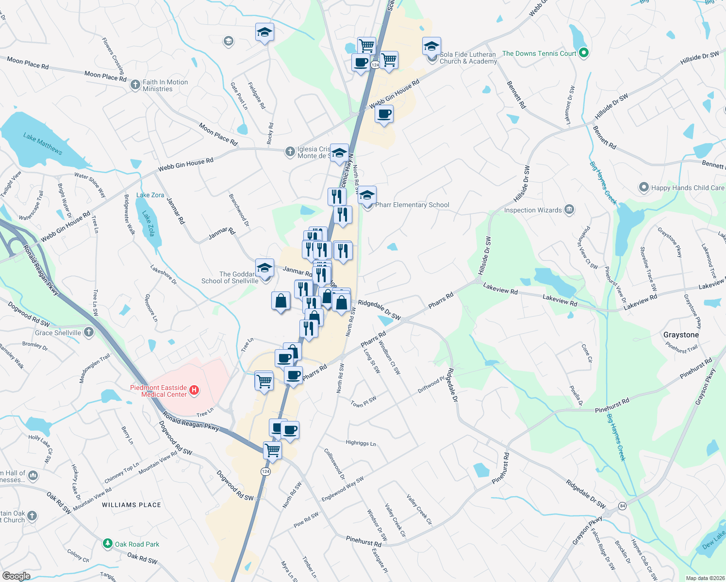 map of restaurants, bars, coffee shops, grocery stores, and more near 1560 Woodberry Run Dr in Snellville