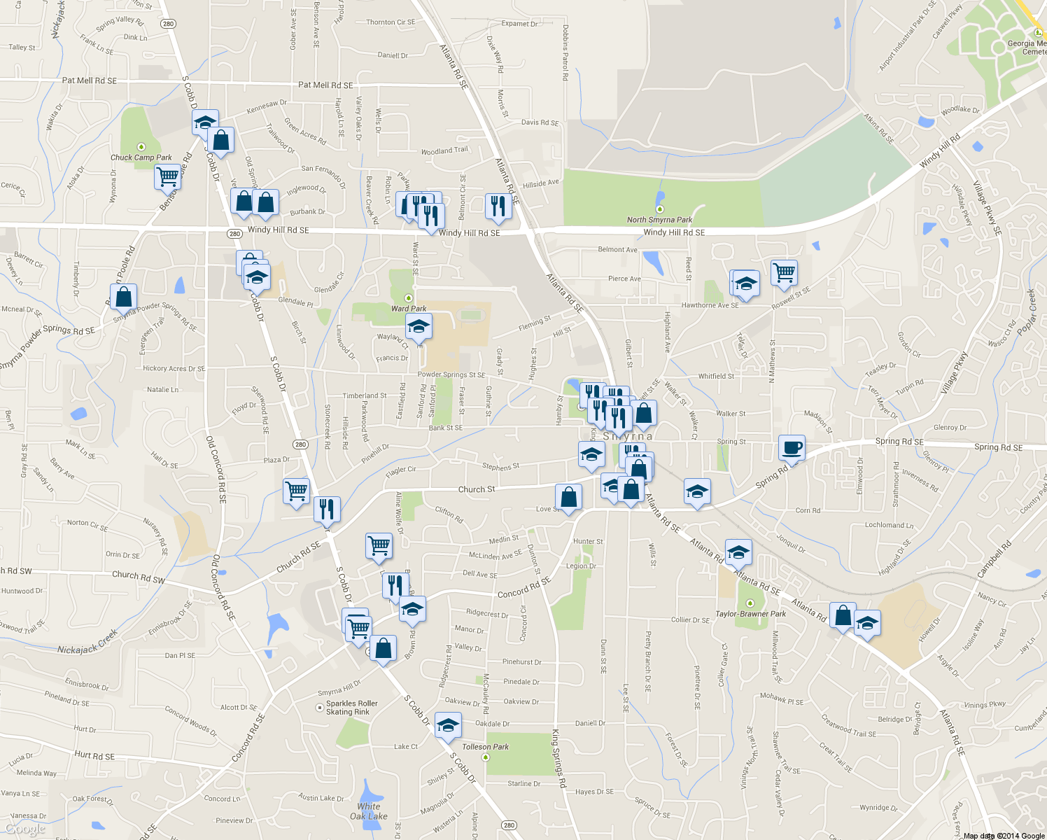 map of restaurants, bars, coffee shops, grocery stores, and more near 1127 Bank Street Southeast in Smyrna