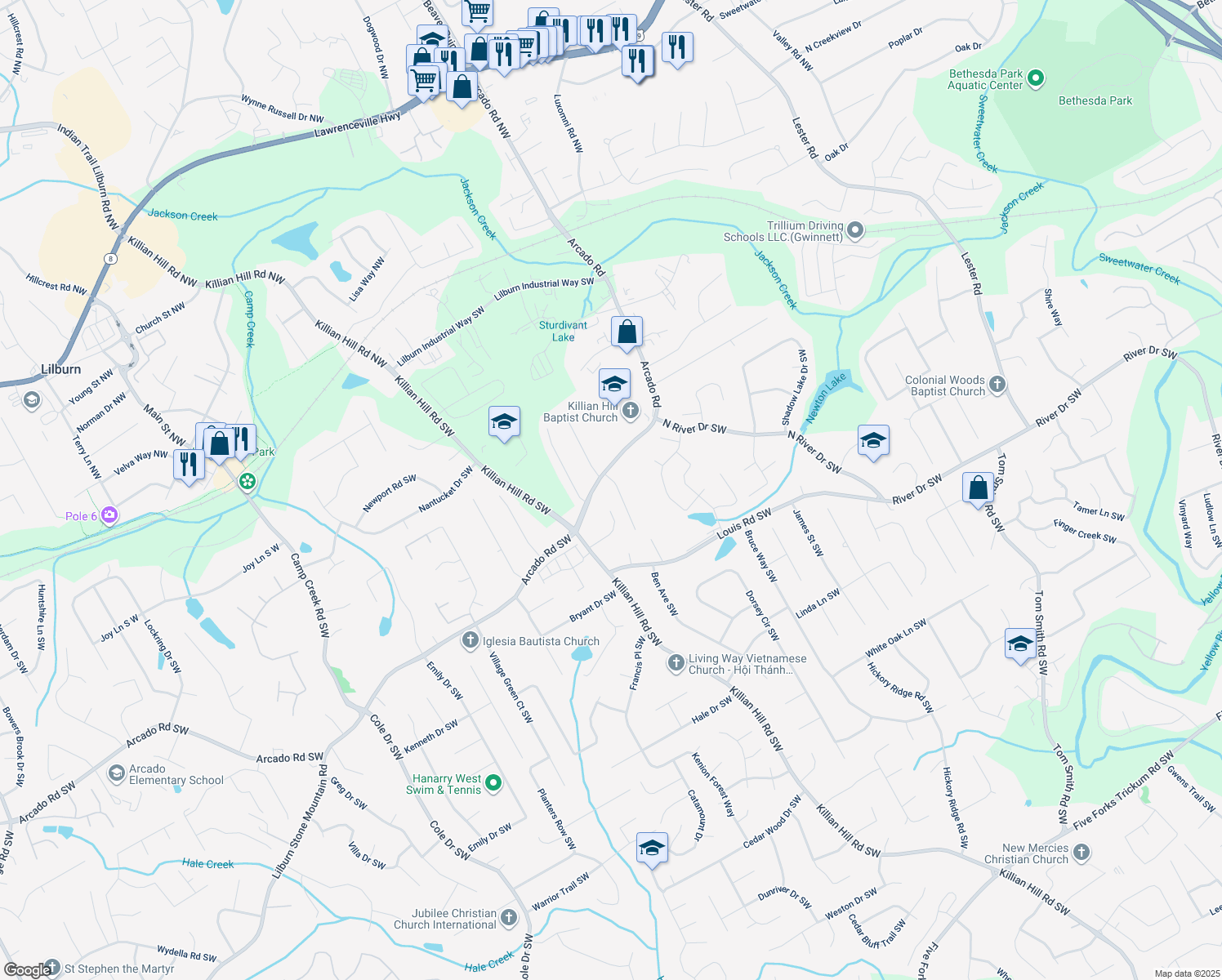 map of restaurants, bars, coffee shops, grocery stores, and more near 219 Hokes Place Southwest in Lilburn