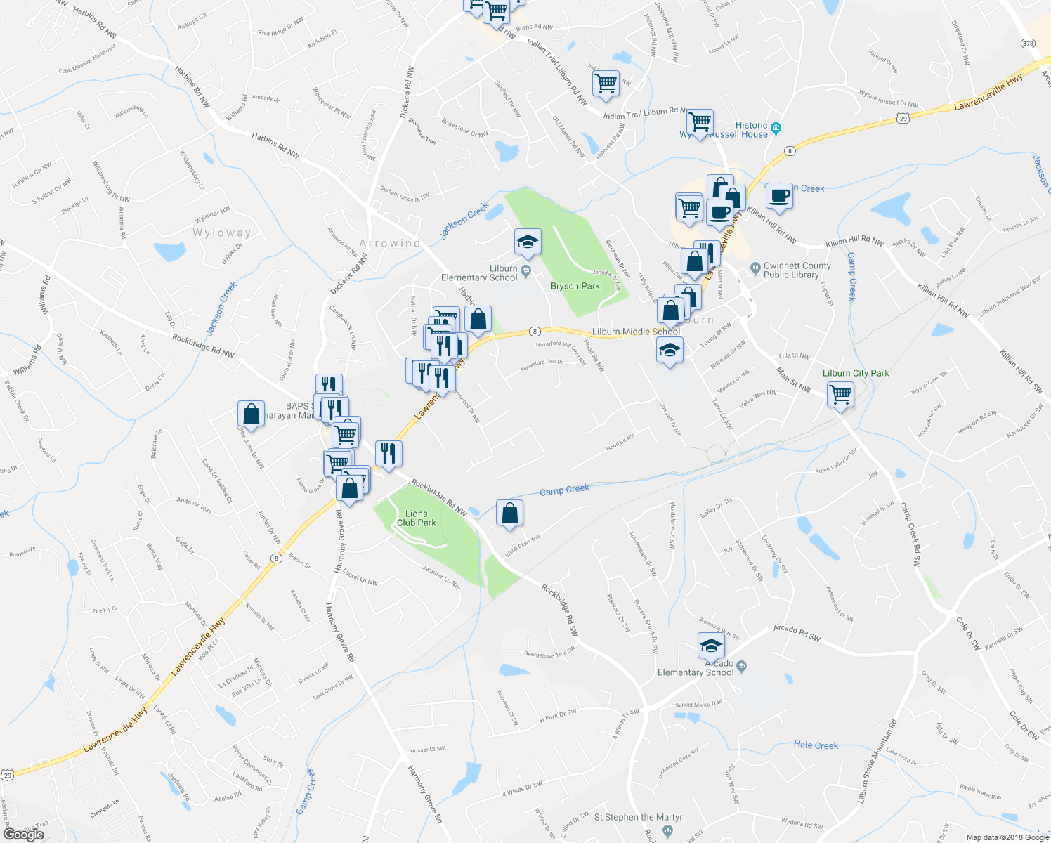 map of restaurants, bars, coffee shops, grocery stores, and more near 5255 Cobblestone Way NW in Lilburn