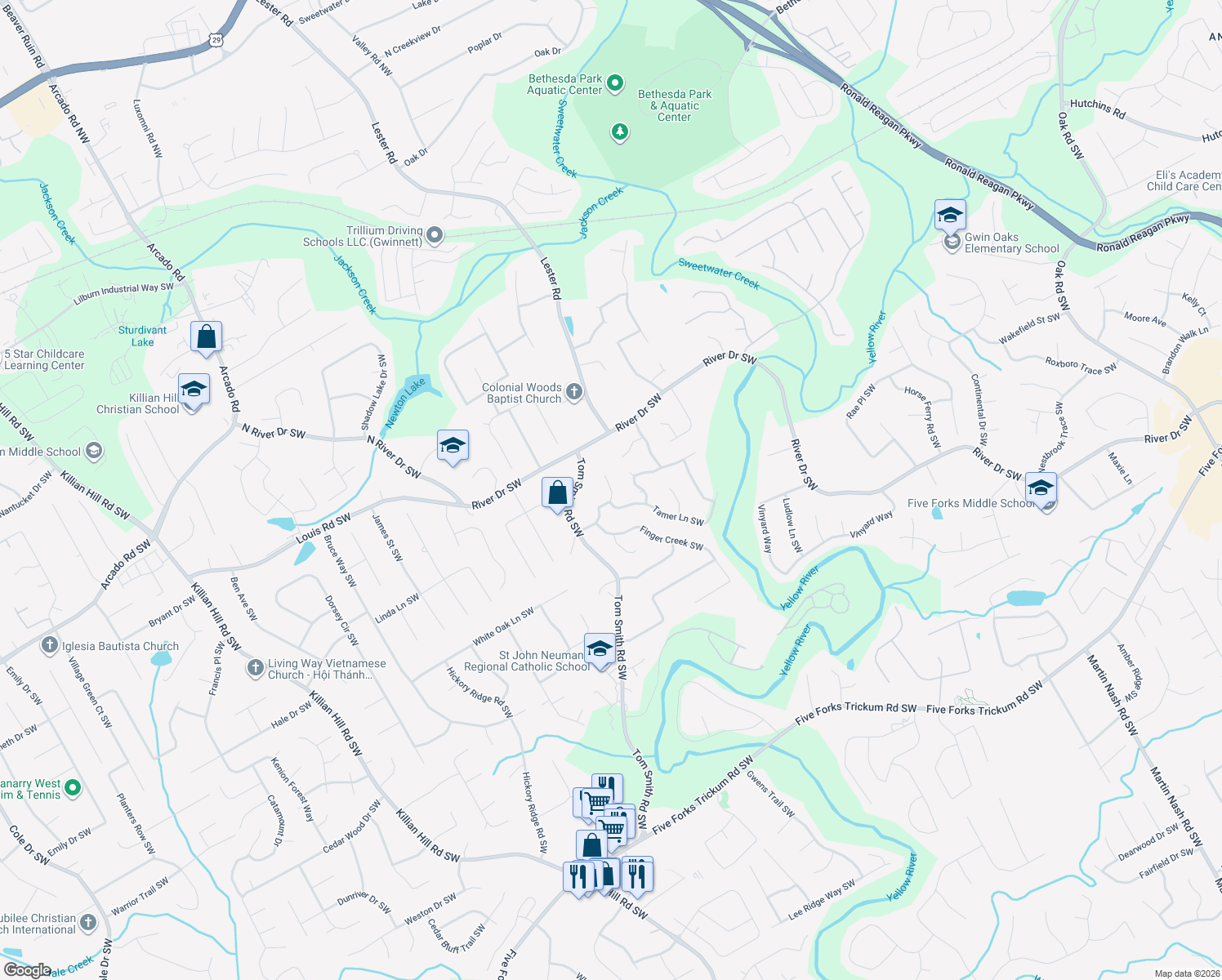 map of restaurants, bars, coffee shops, grocery stores, and more near 3773 Ivey Ln SW in Lilburn