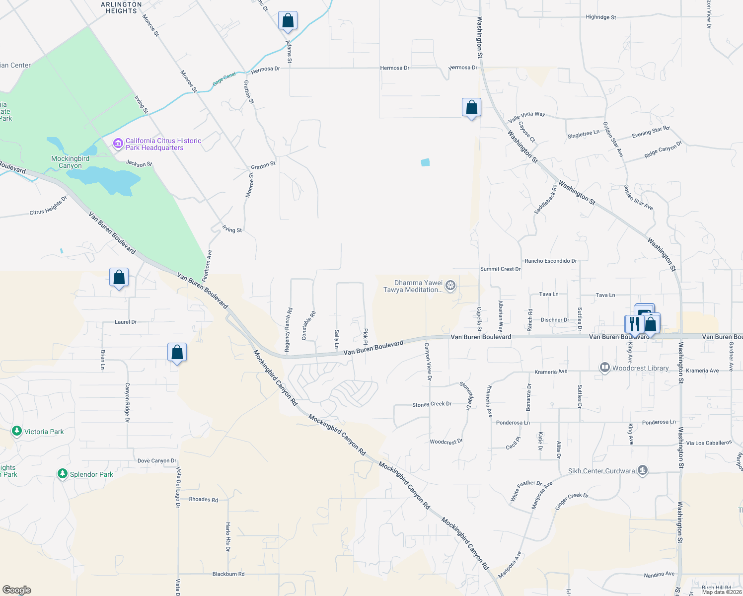 map of restaurants, bars, coffee shops, grocery stores, and more near 16264 Pick Place in Riverside
