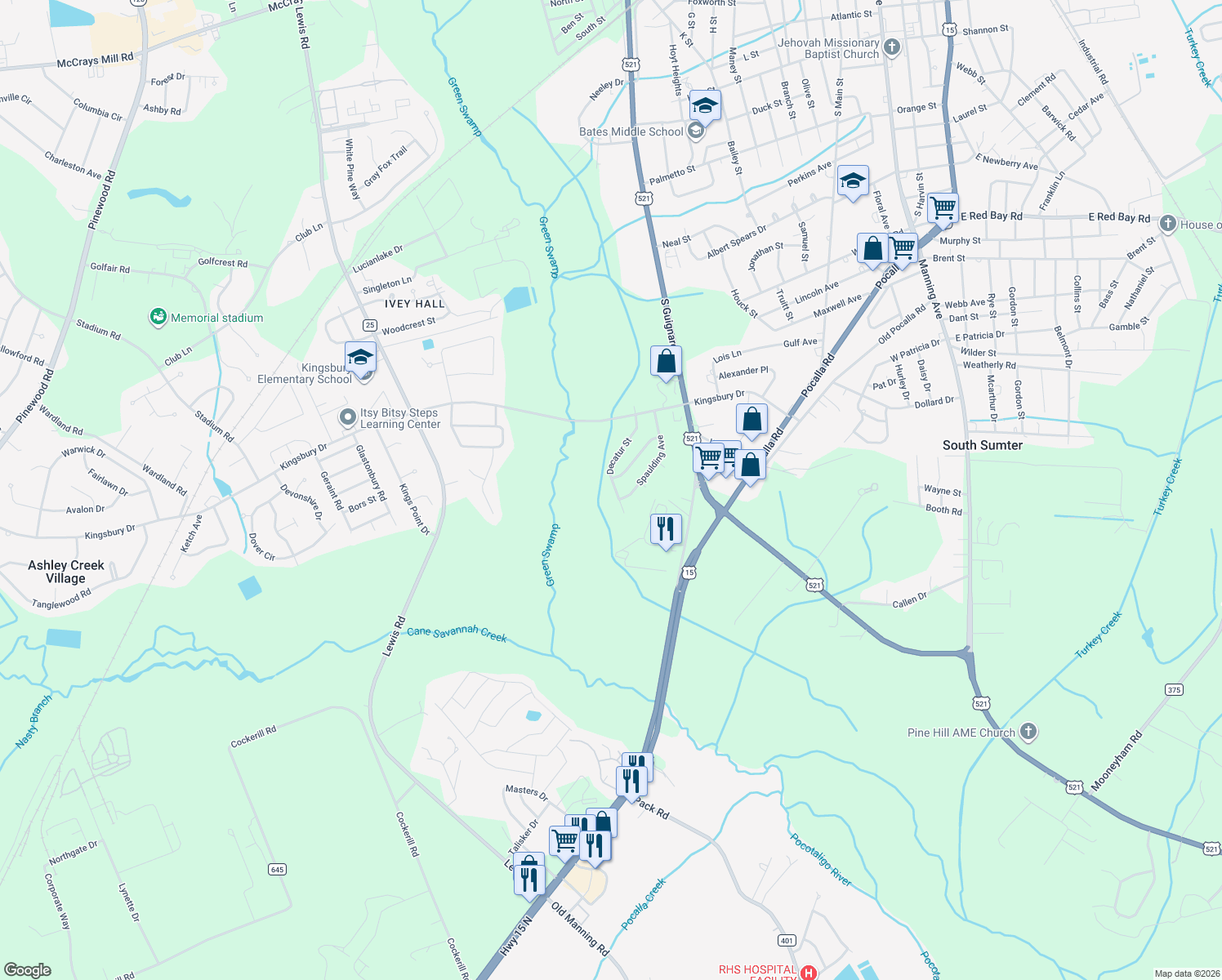 map of restaurants, bars, coffee shops, grocery stores, and more near 1049 Decatur St in Sumter