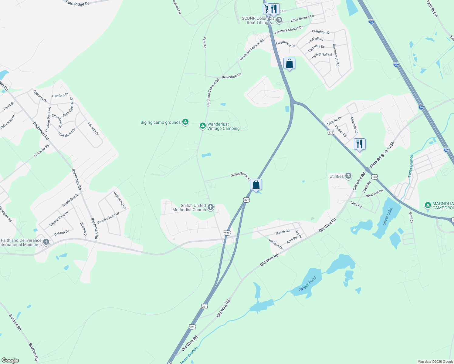 map of restaurants, bars, coffee shops, grocery stores, and more near 140 Gillins Terrace Road in West Columbia