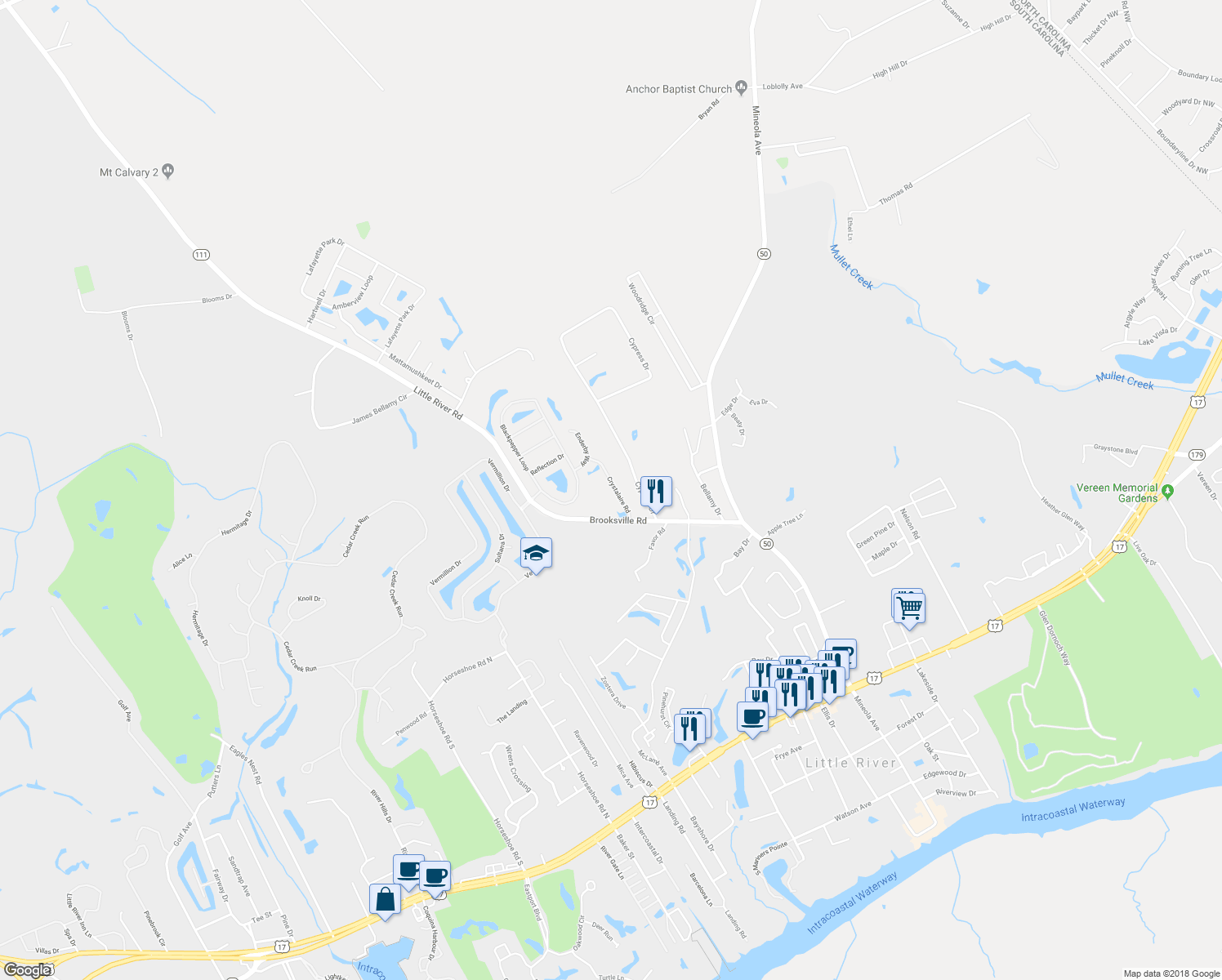 map of restaurants, bars, coffee shops, grocery stores, and more near 521 Crystalaire Road in Little River