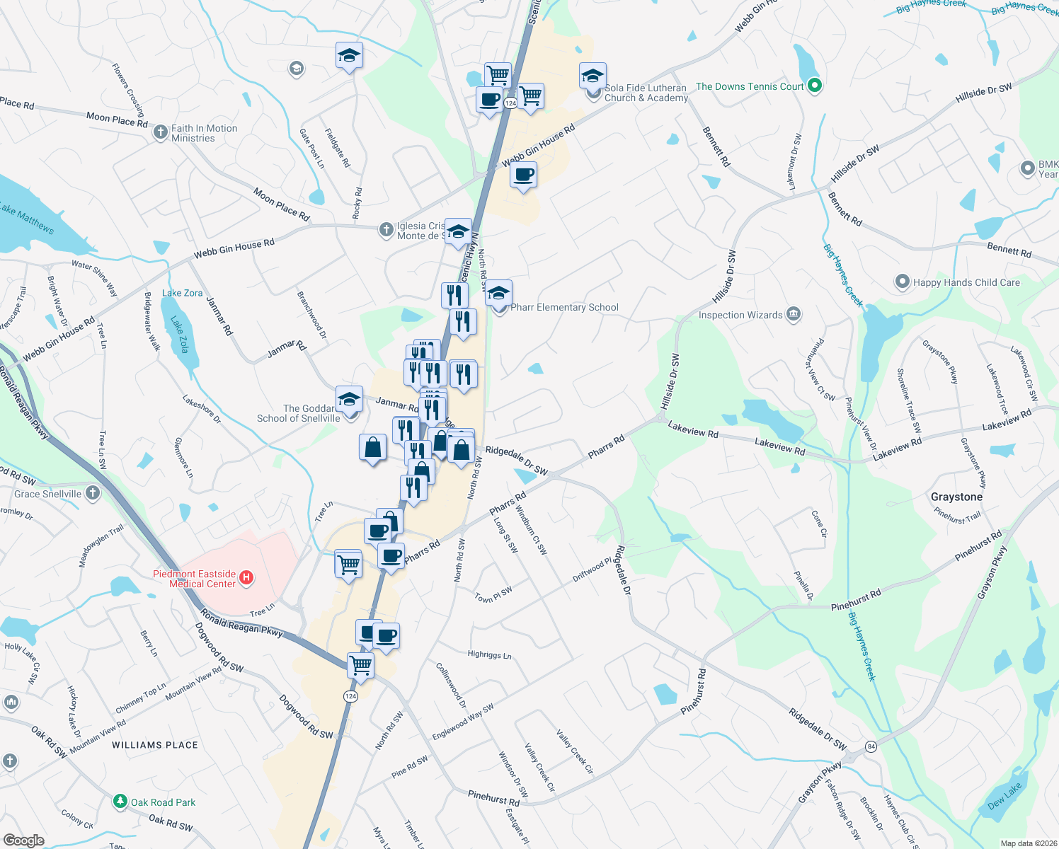 map of restaurants, bars, coffee shops, grocery stores, and more near 1690 Woodberry Run Dr in Snellville