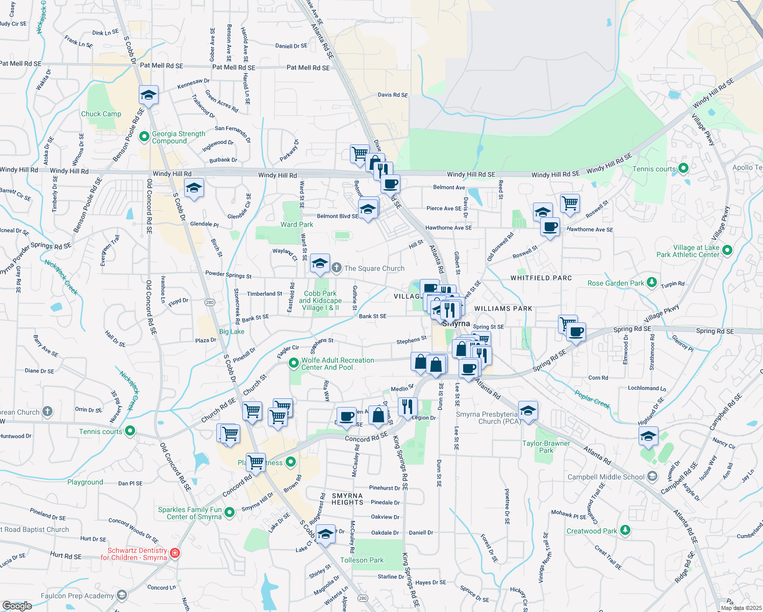 map of restaurants, bars, coffee shops, grocery stores, and more near 1110 Parkview Place Southeast in Smyrna